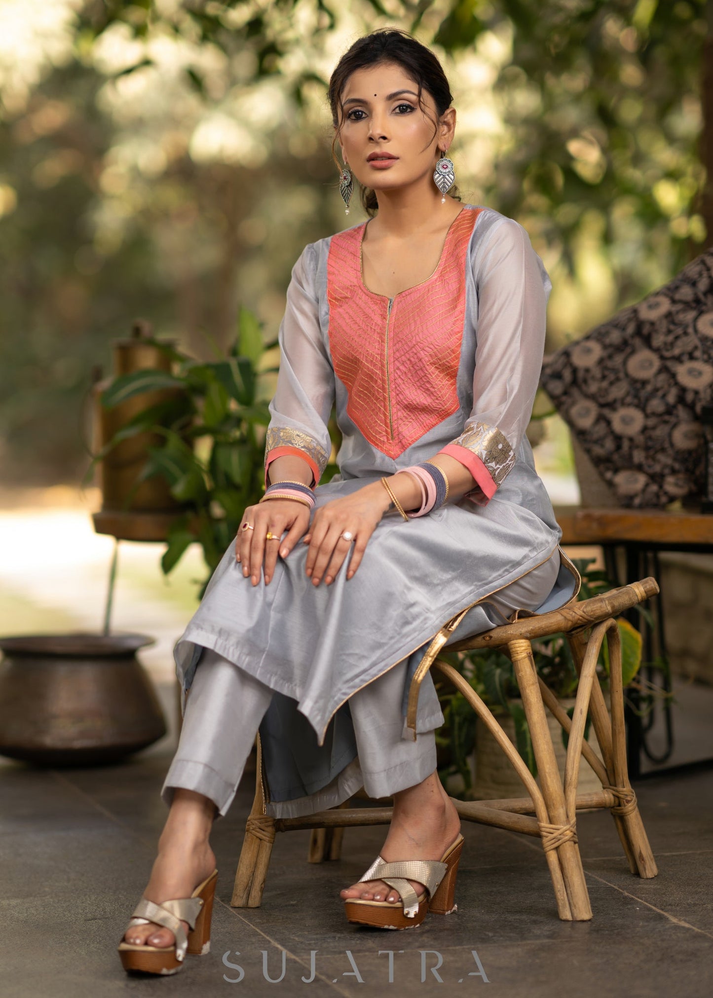 Grey chanderi kurta with Pink Zari work yoke and Pant