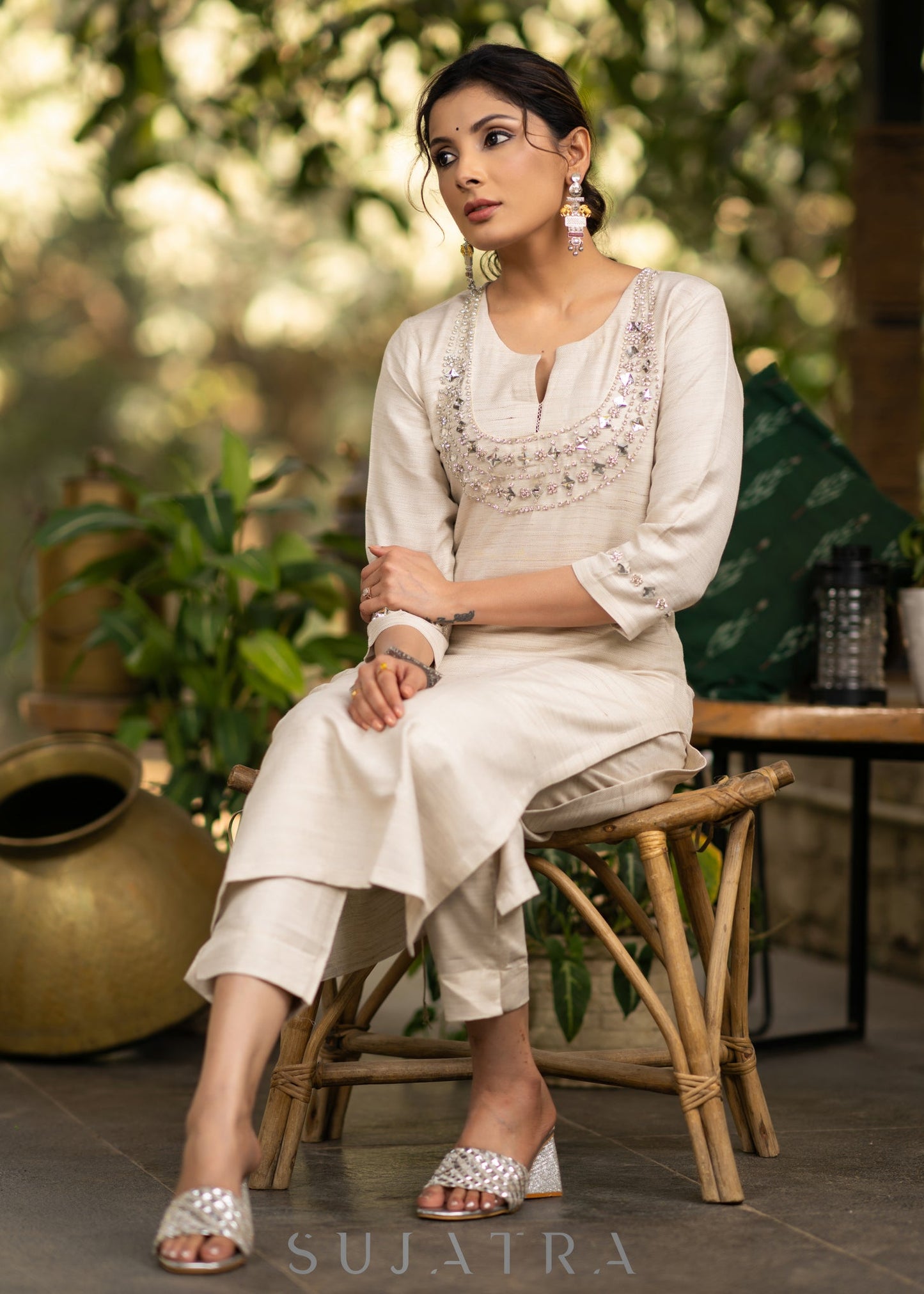 Handloom cotton kurta with stone embellished yoke - Pant optional
