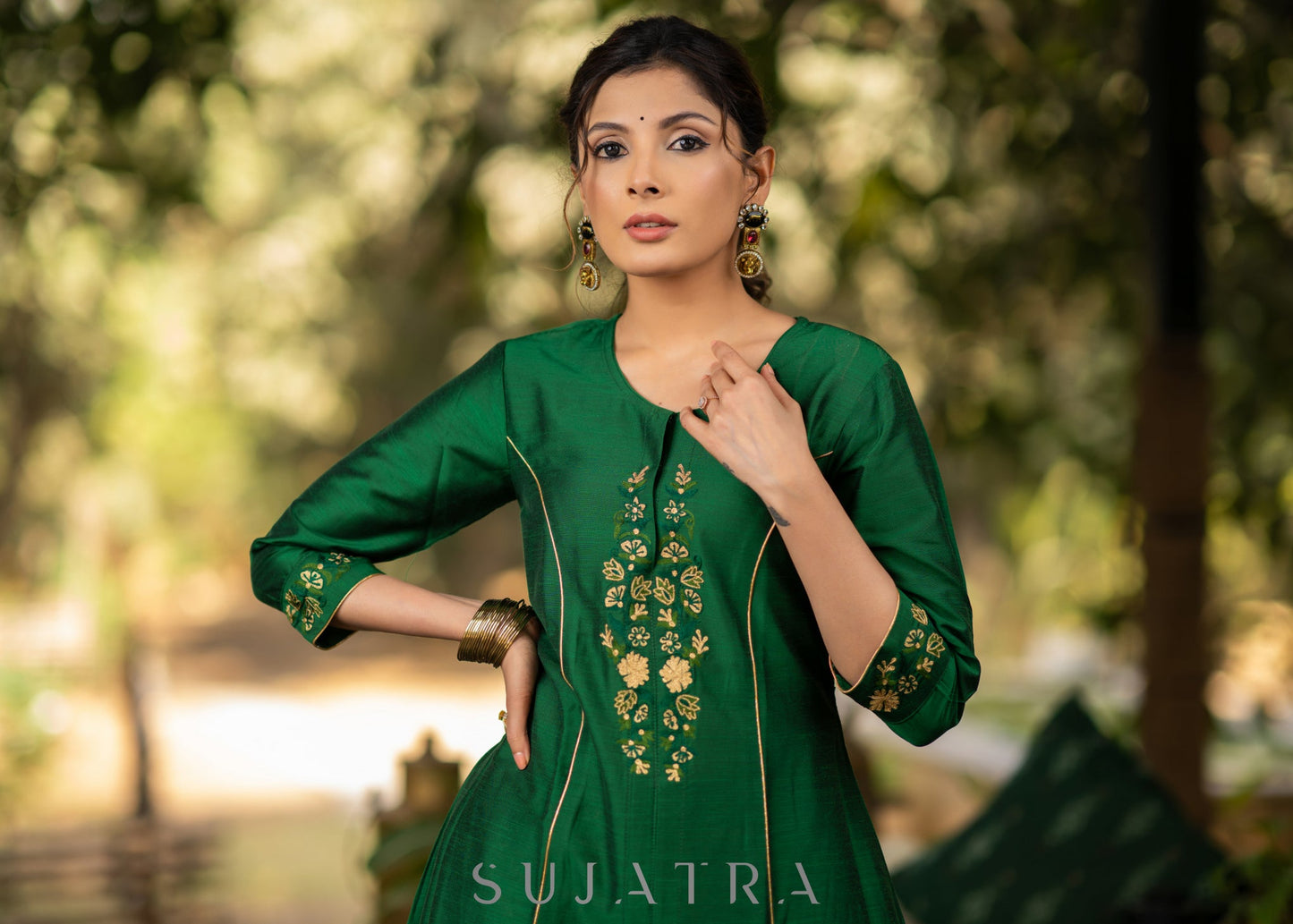 Green Cotton Silk princess cut embroidered kurta and brocade Pant
