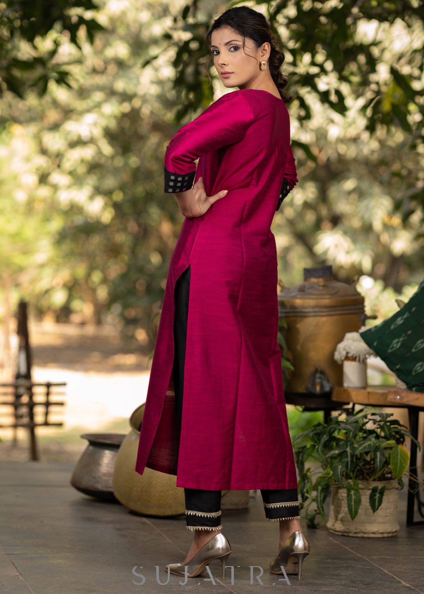 Magenta Cotton Silk Hand mirror work Kurta and Pant - Black Net Dupatta optional