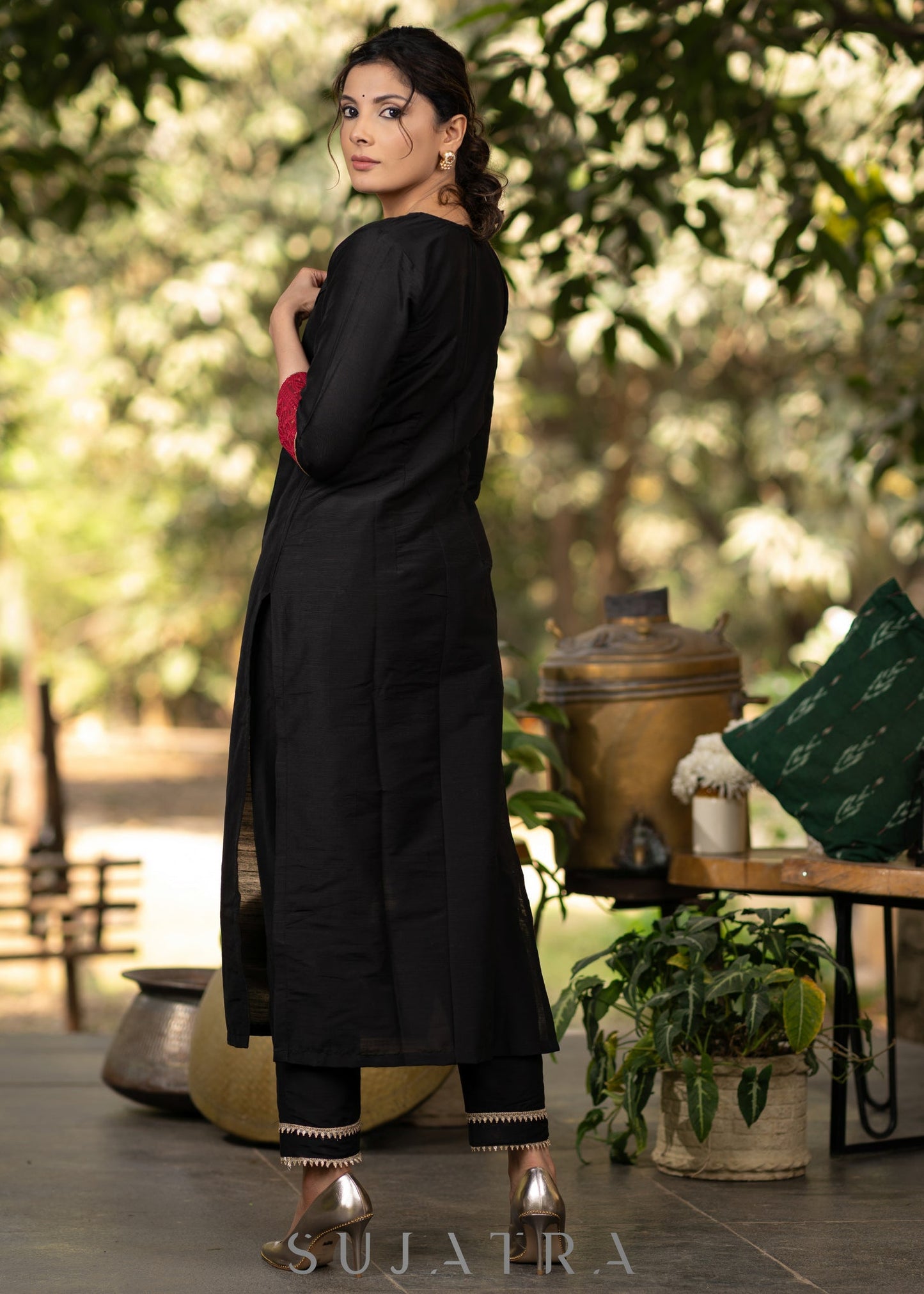 Black Cotton silk front pleated kurta and Chikankari Dupatta - Pant optional