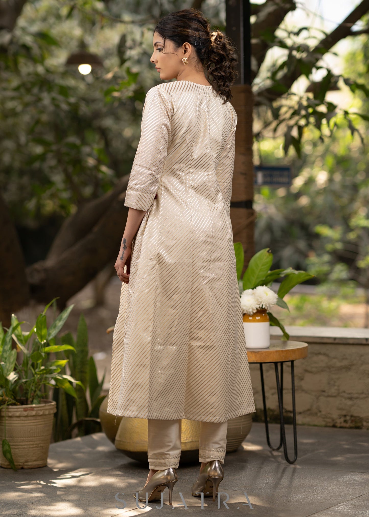 Off-white striped kurta with Maroon Scalloped Dupatta - Pant Optional
