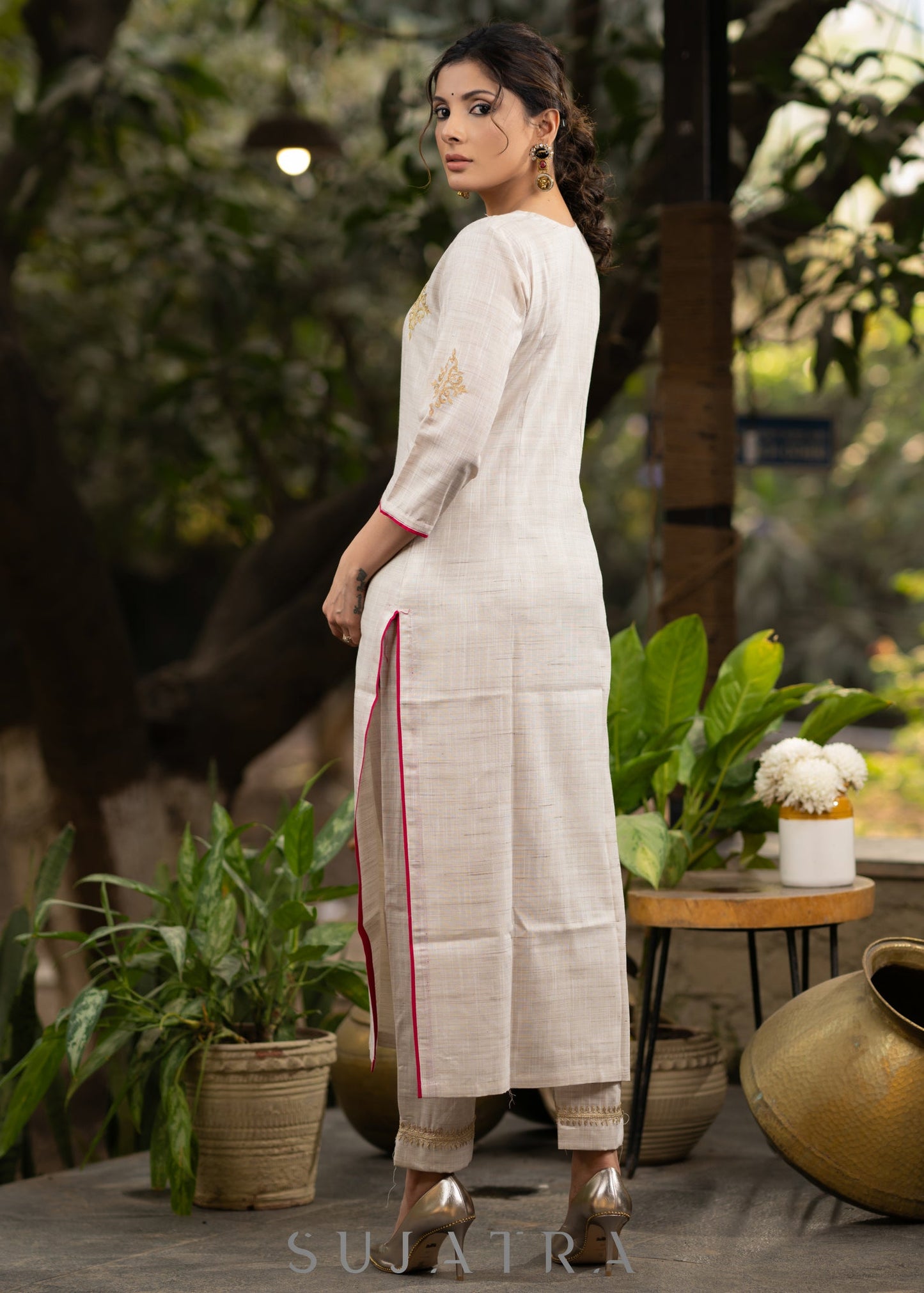 Light beige gold motif kurta and Pant - Embroidered Net Dupatta Optional