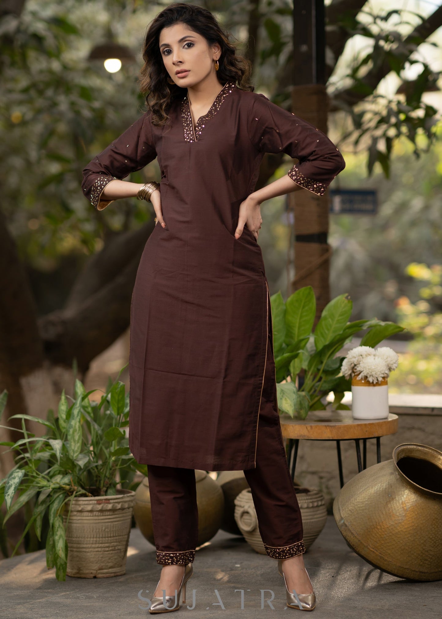 Hand embroidered coffee brown kurta with pant - Georgette Dupatta Optional