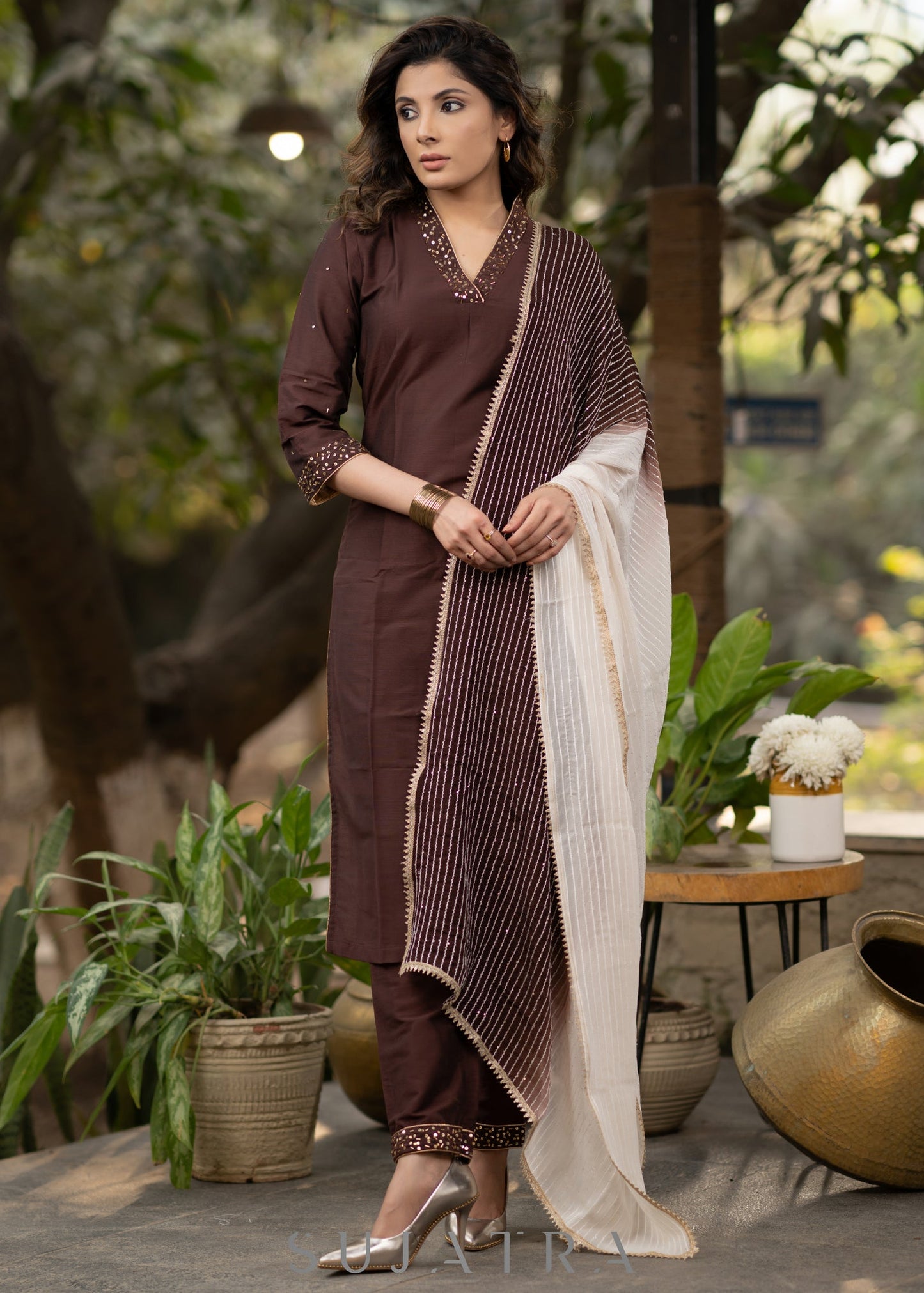 Hand embroidered coffee brown kurta with pant - Georgette Dupatta Optional