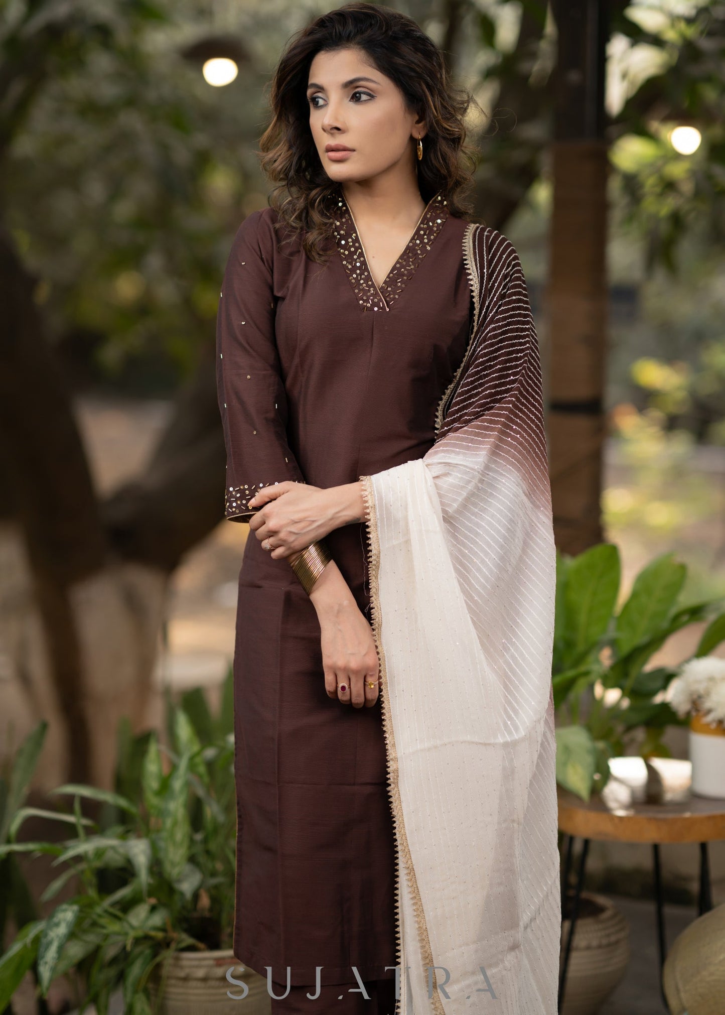 Hand embroidered coffee brown kurta with pant - Georgette Dupatta Optional