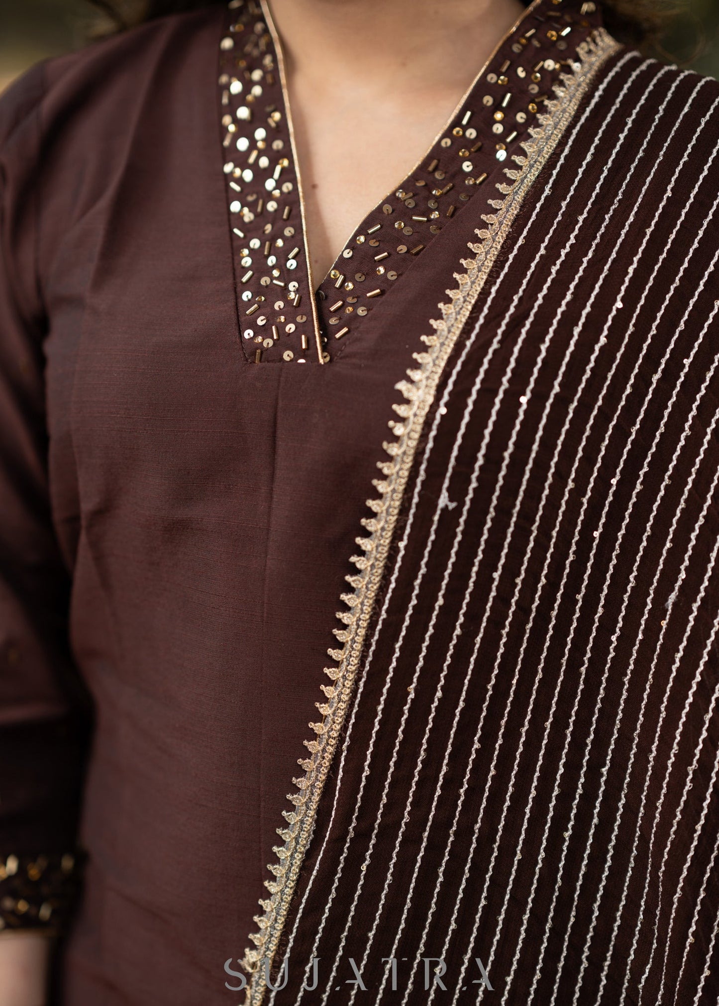 Hand embroidered coffee brown kurta with pant - Georgette Dupatta Optional