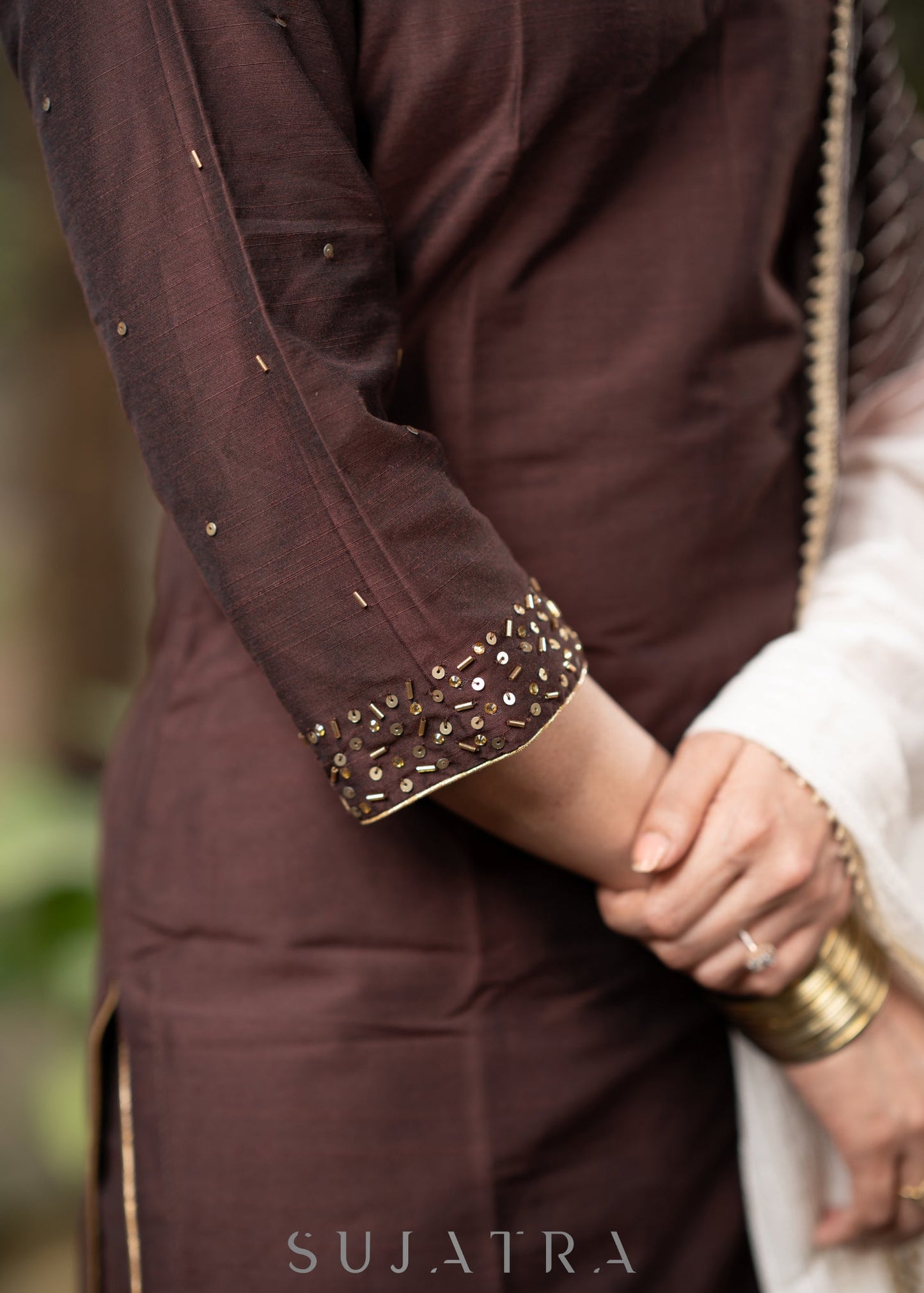 Hand embroidered coffee brown kurta with pant - Georgette Dupatta Optional