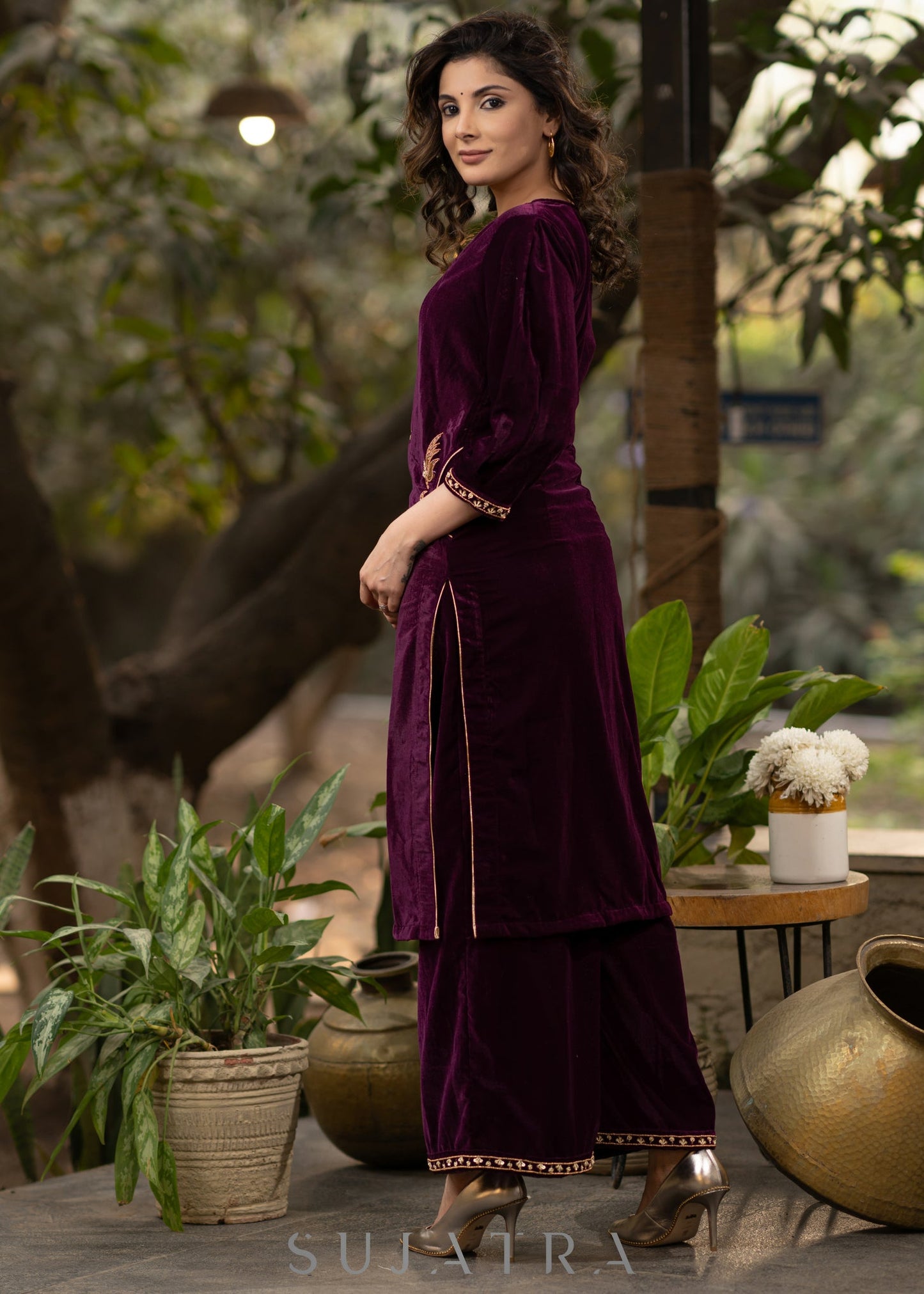 Hand embroidered purple velvet kurta with flared embroidered pant