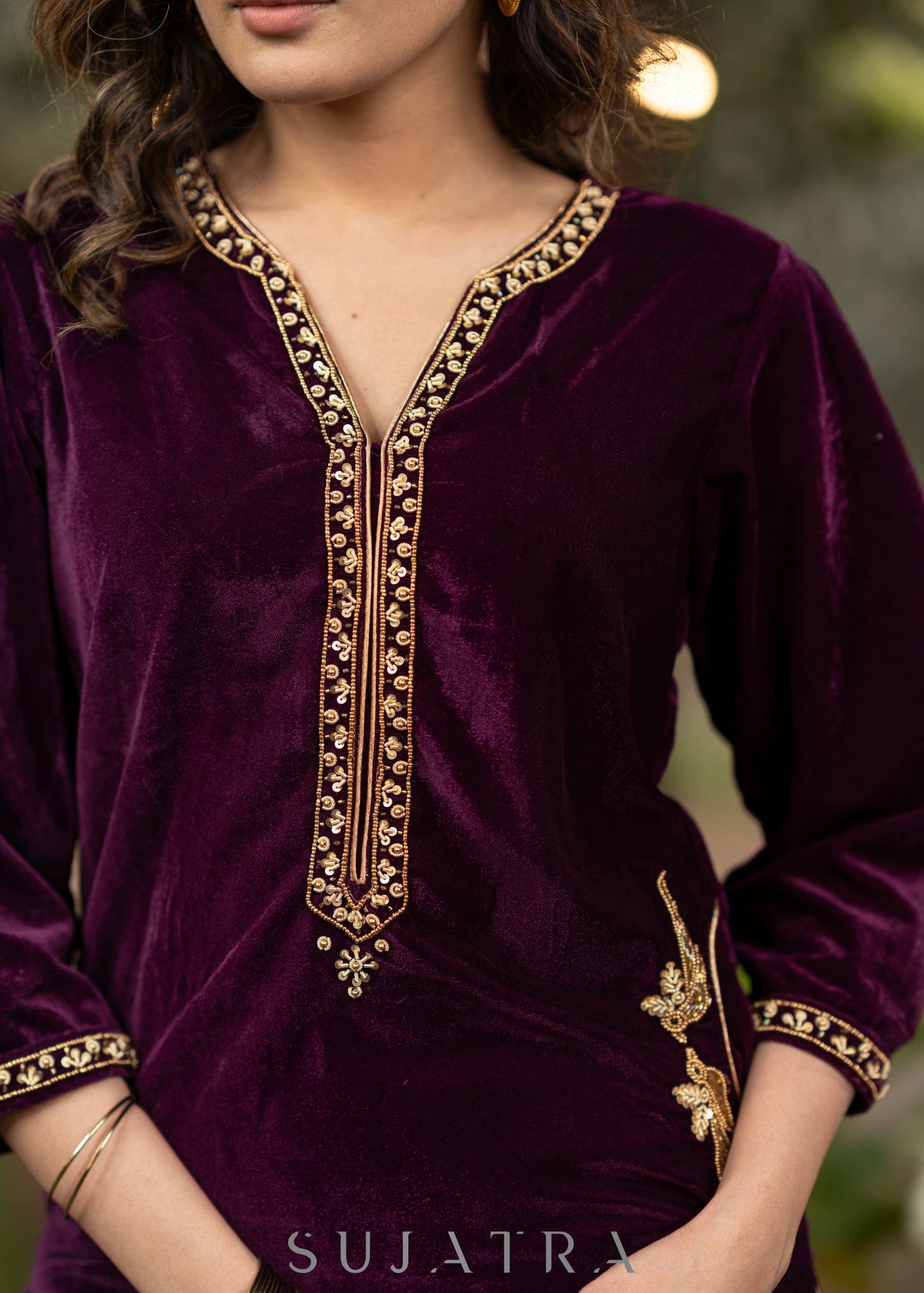 Hand embroidered purple velvet kurta with flared embroidered pant