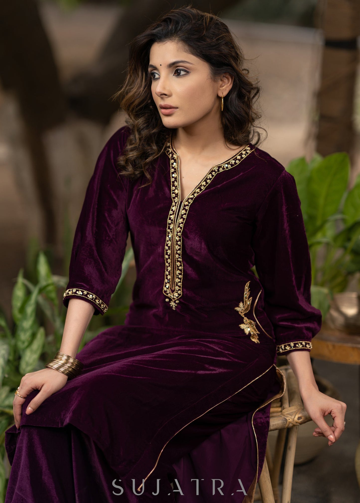 Hand embroidered purple velvet kurta with flared embroidered pant