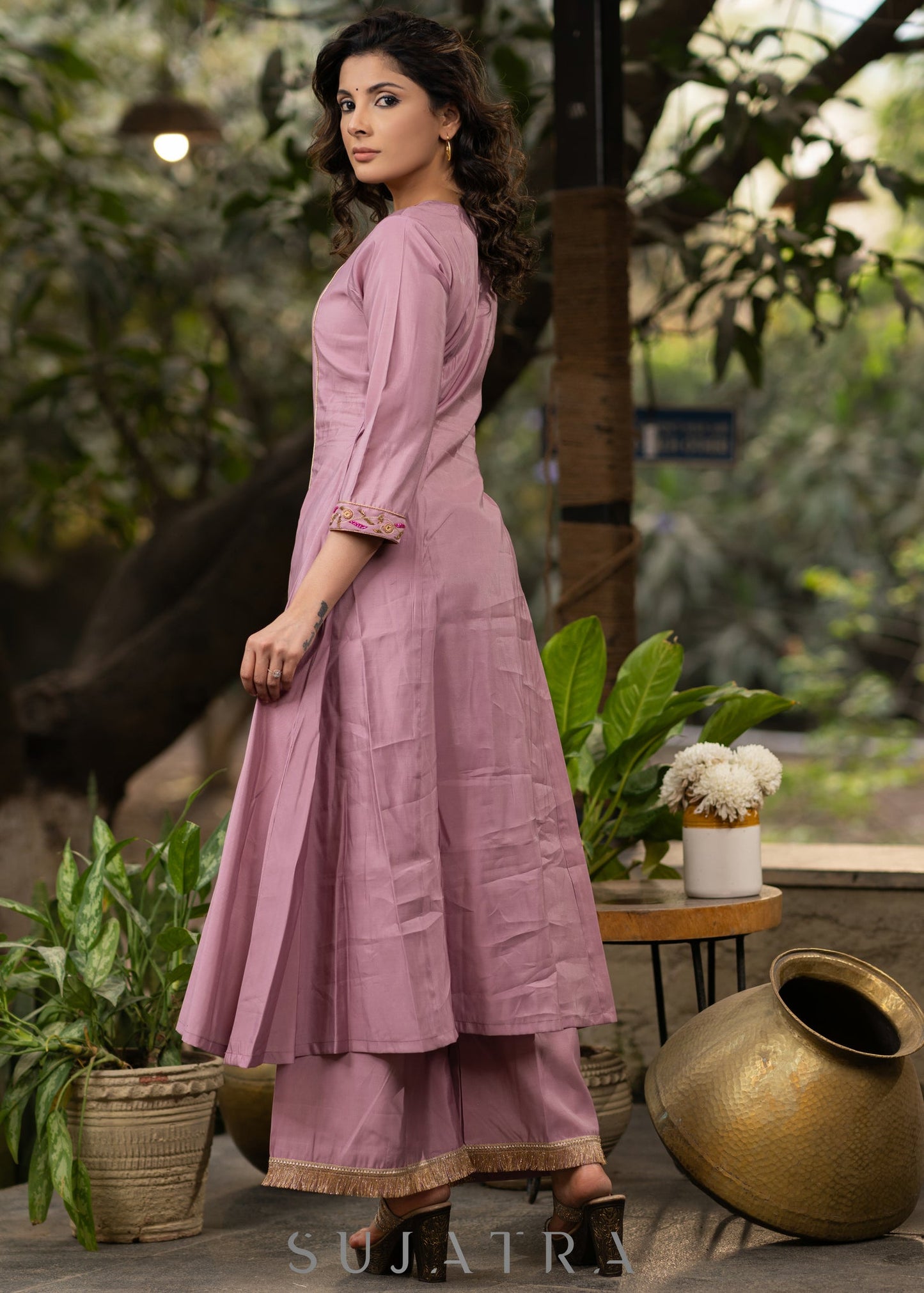 Hand embroiderd lavender Roman silk A line kurta with pant - Organza jacket Optional