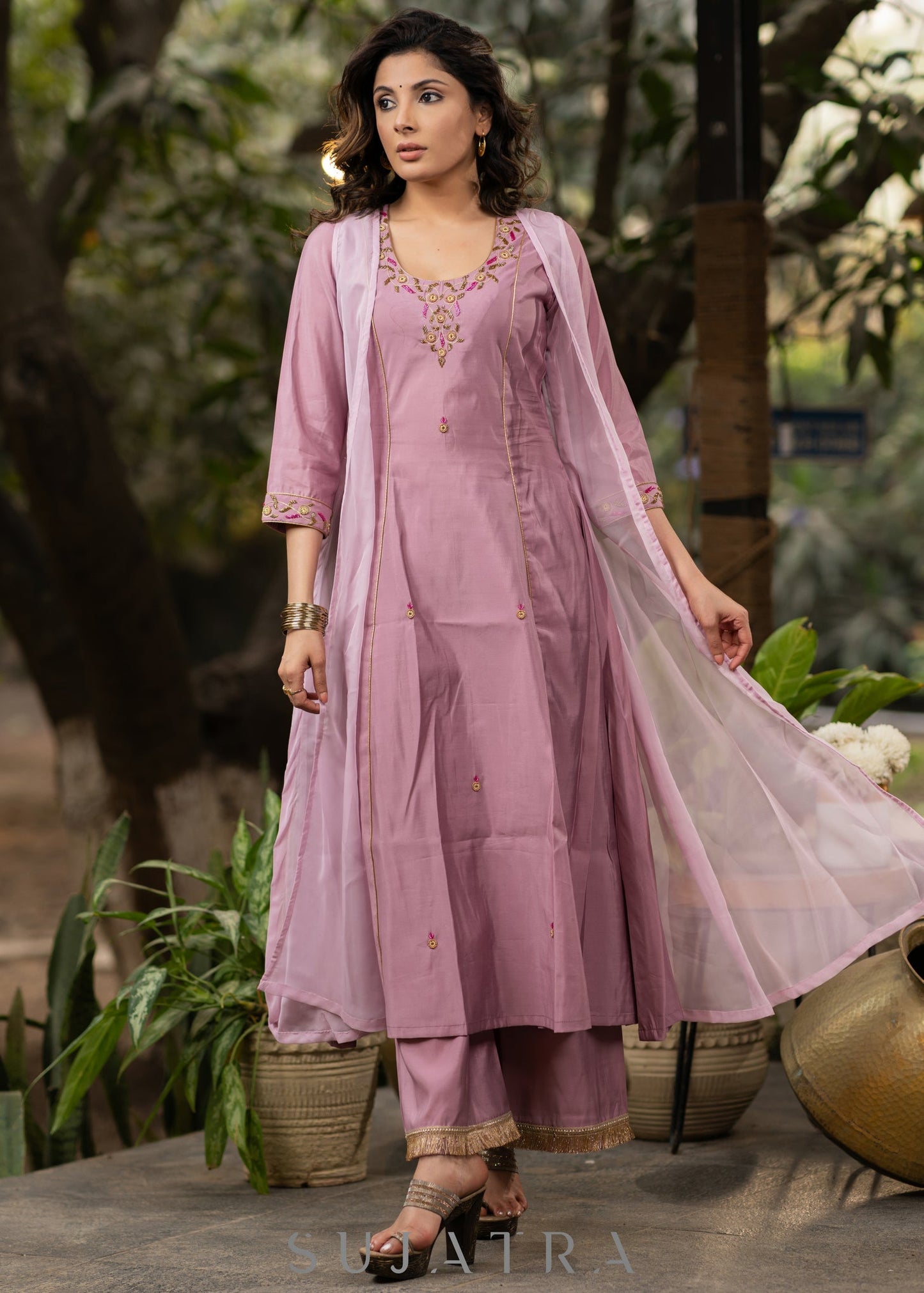 Hand embroiderd lavender Roman silk A line kurta with pant - Organza jacket Optional