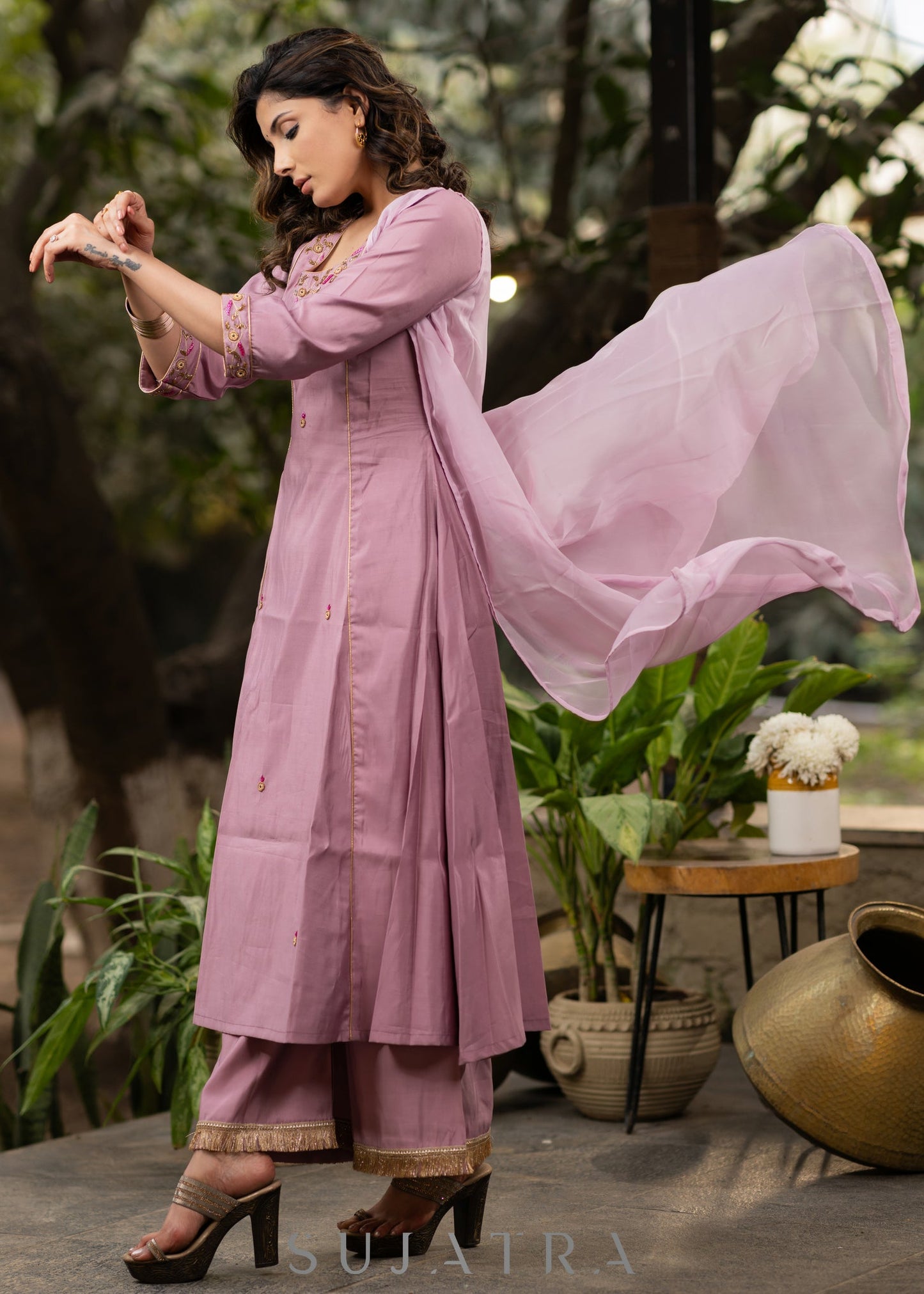 Hand embroiderd lavender Roman silk A line kurta with pant - Organza jacket Optional