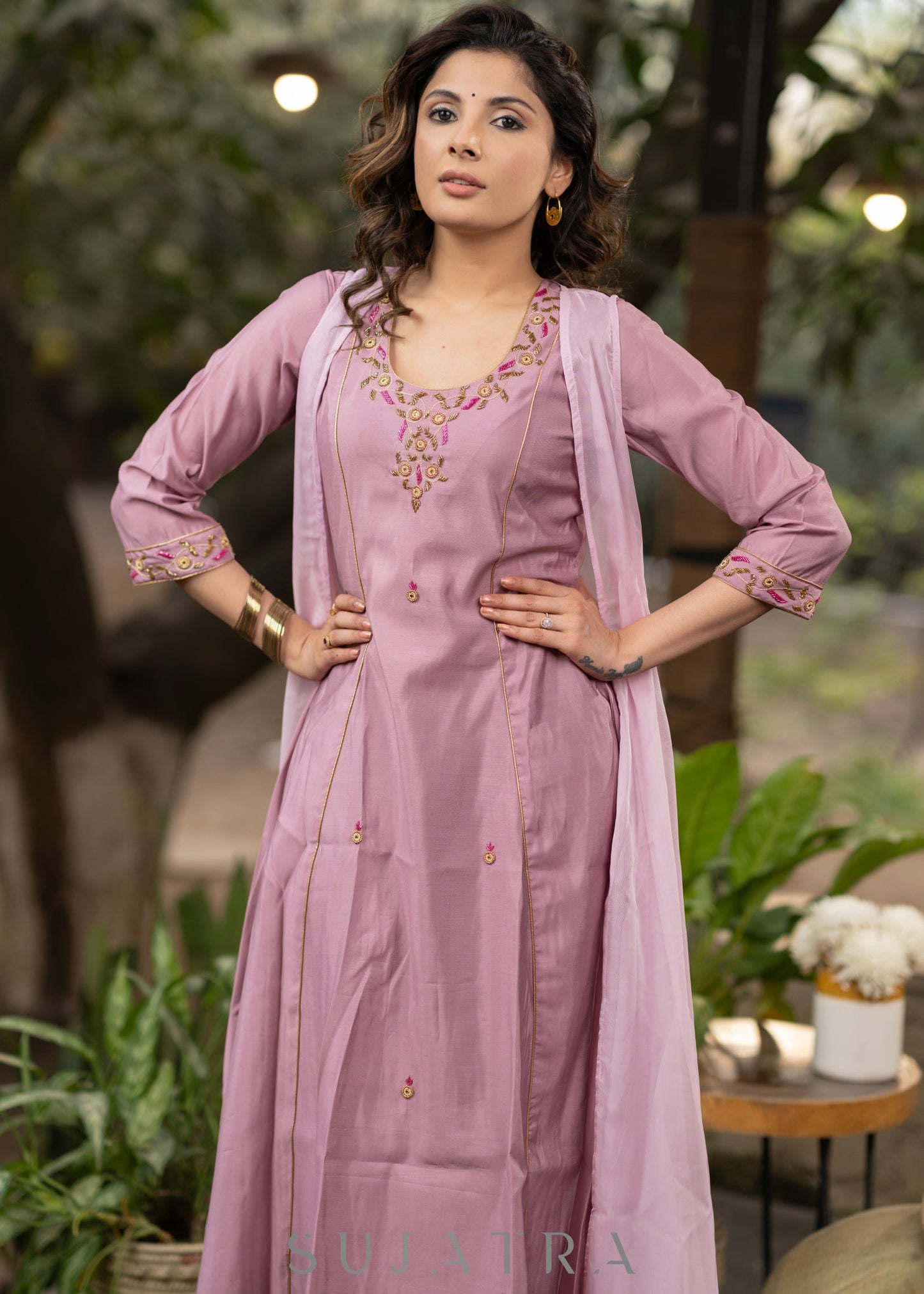 Hand embroiderd lavender Roman silk A line kurta with pant - Organza jacket Optional