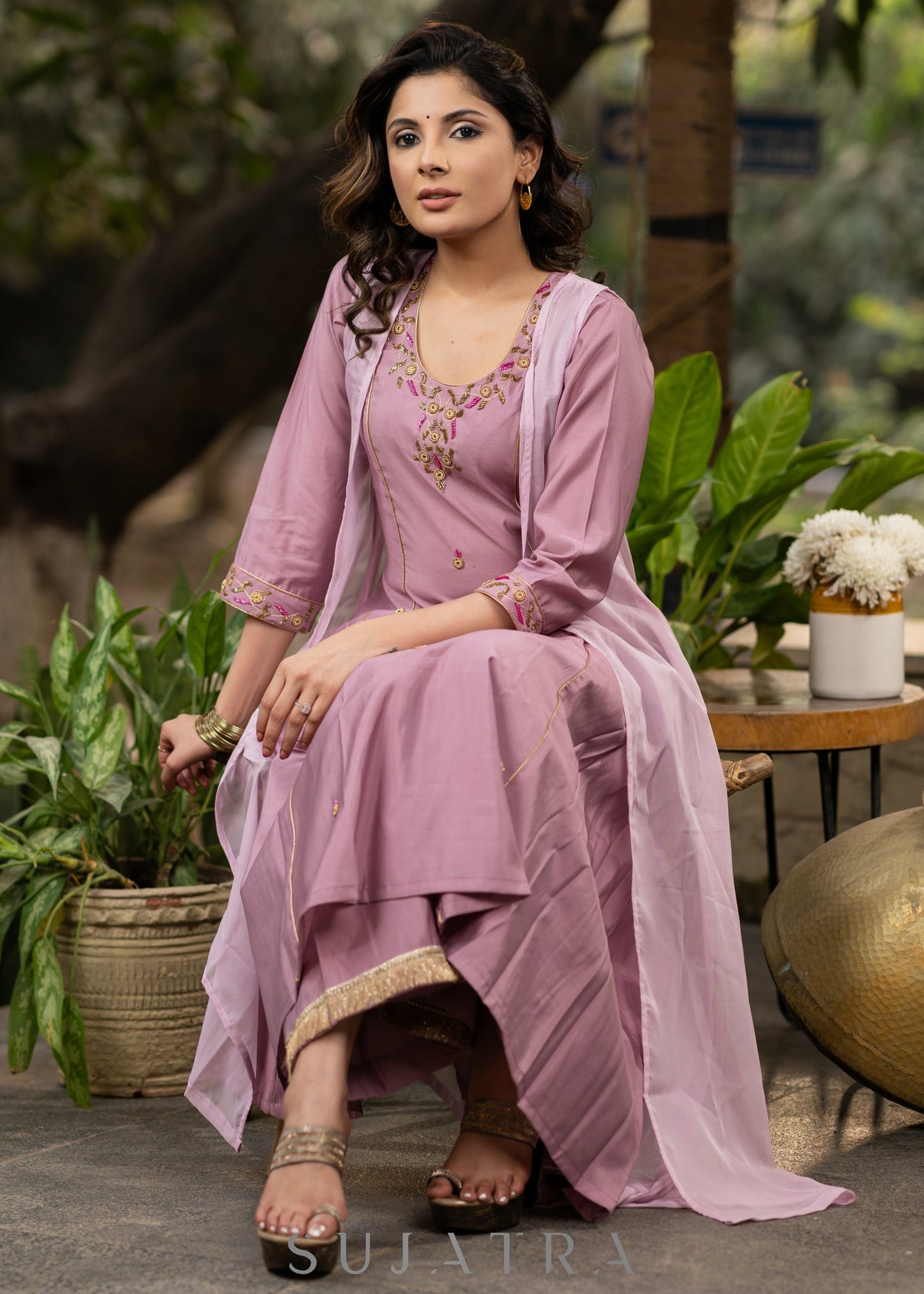 Hand embroiderd lavender Roman silk A line kurta with pant - Organza jacket Optional