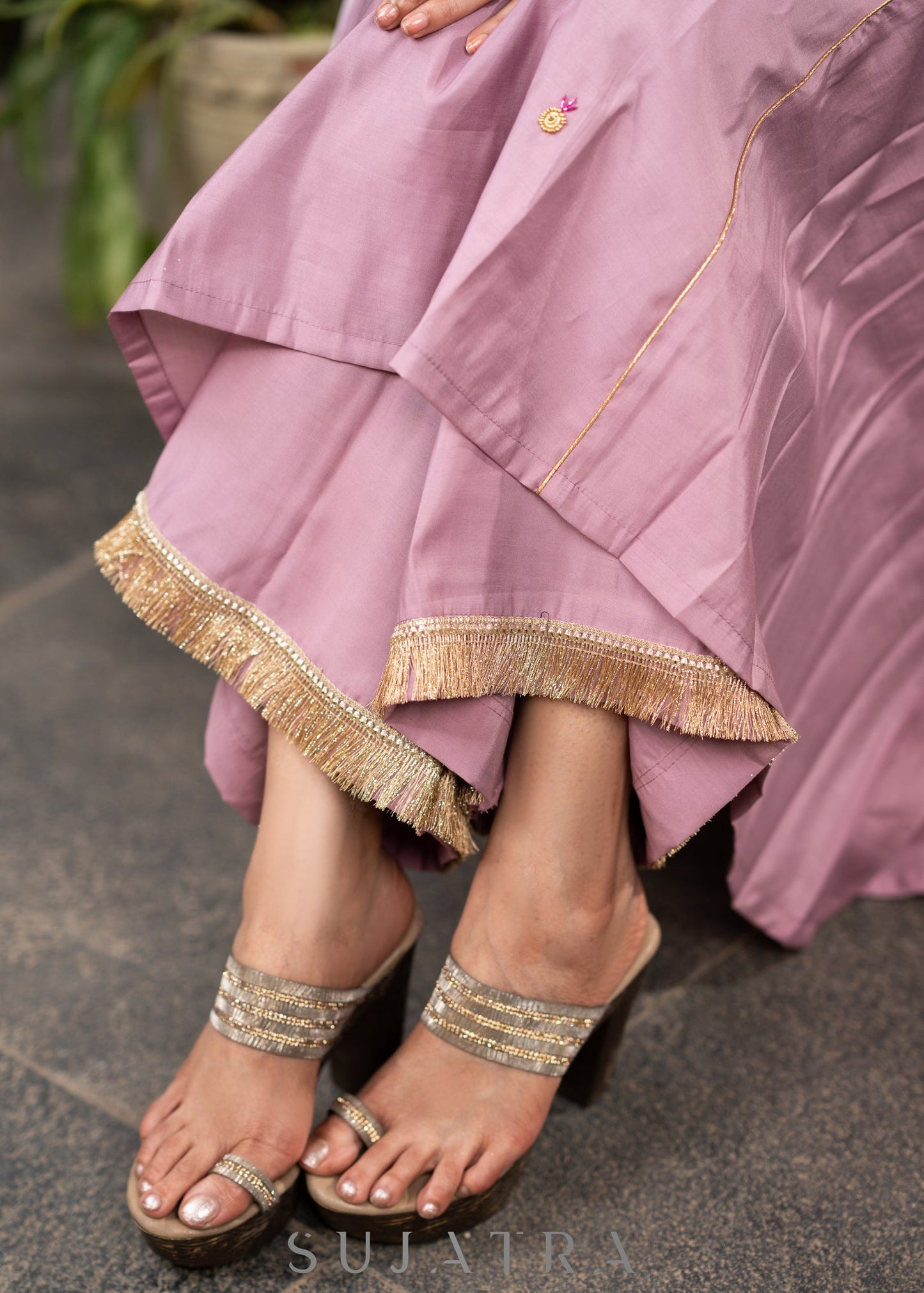 Hand embroiderd lavender Roman silk A line kurta with pant - Organza jacket Optional