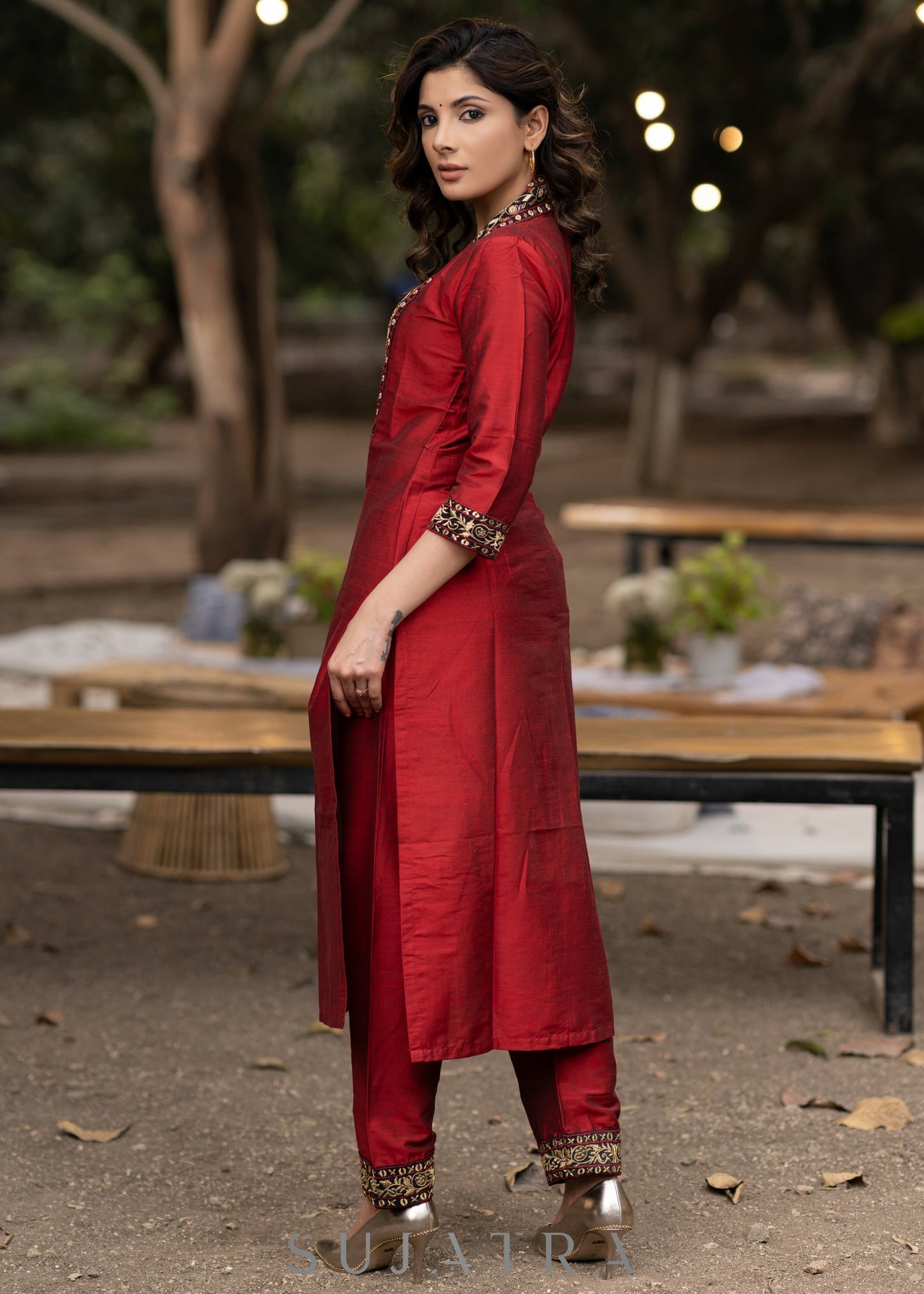 Hand embroidered maroon cotton silk kurta with pant