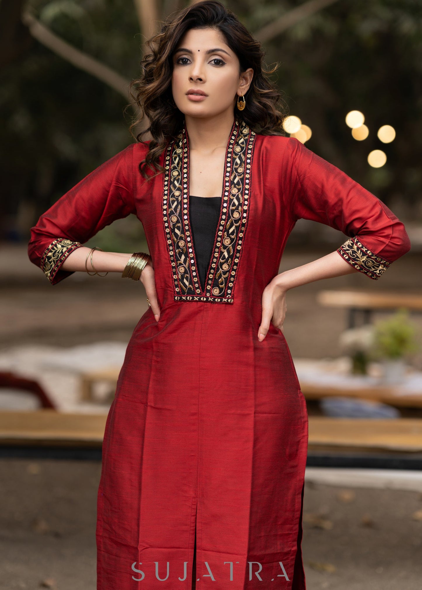 Hand embroidered maroon cotton silk kurta with pant