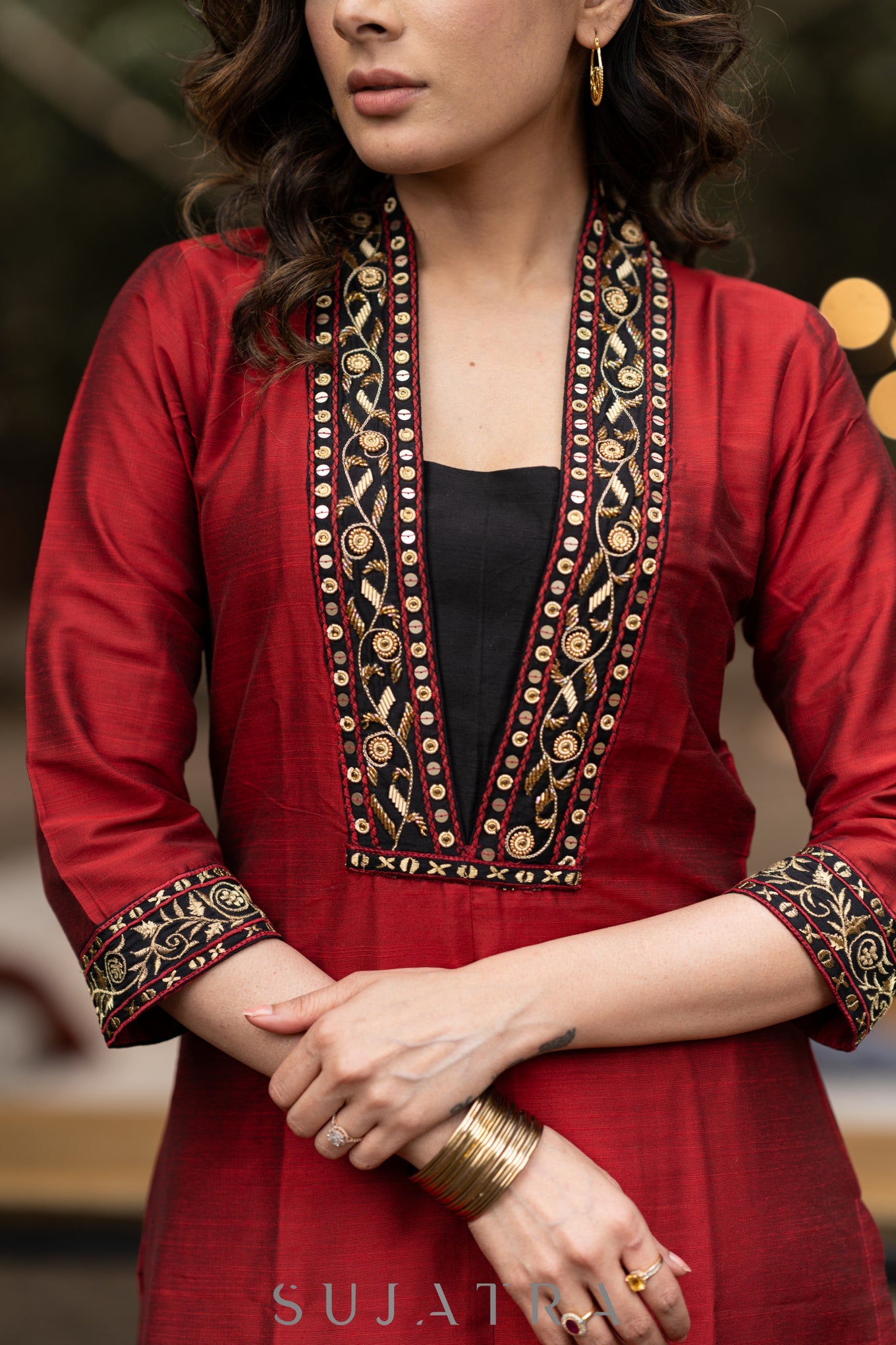 Hand embroidered maroon cotton silk kurta with pant