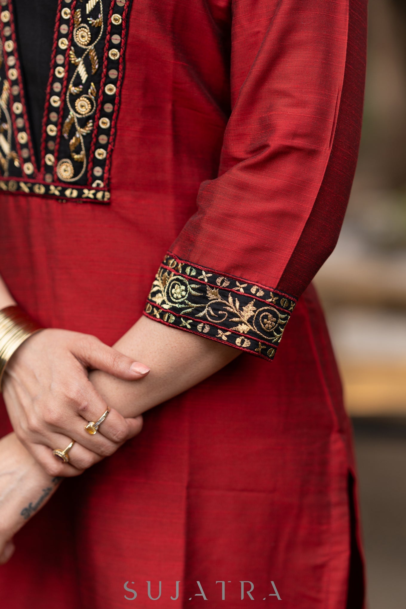 Hand embroidered maroon cotton silk kurta with pant