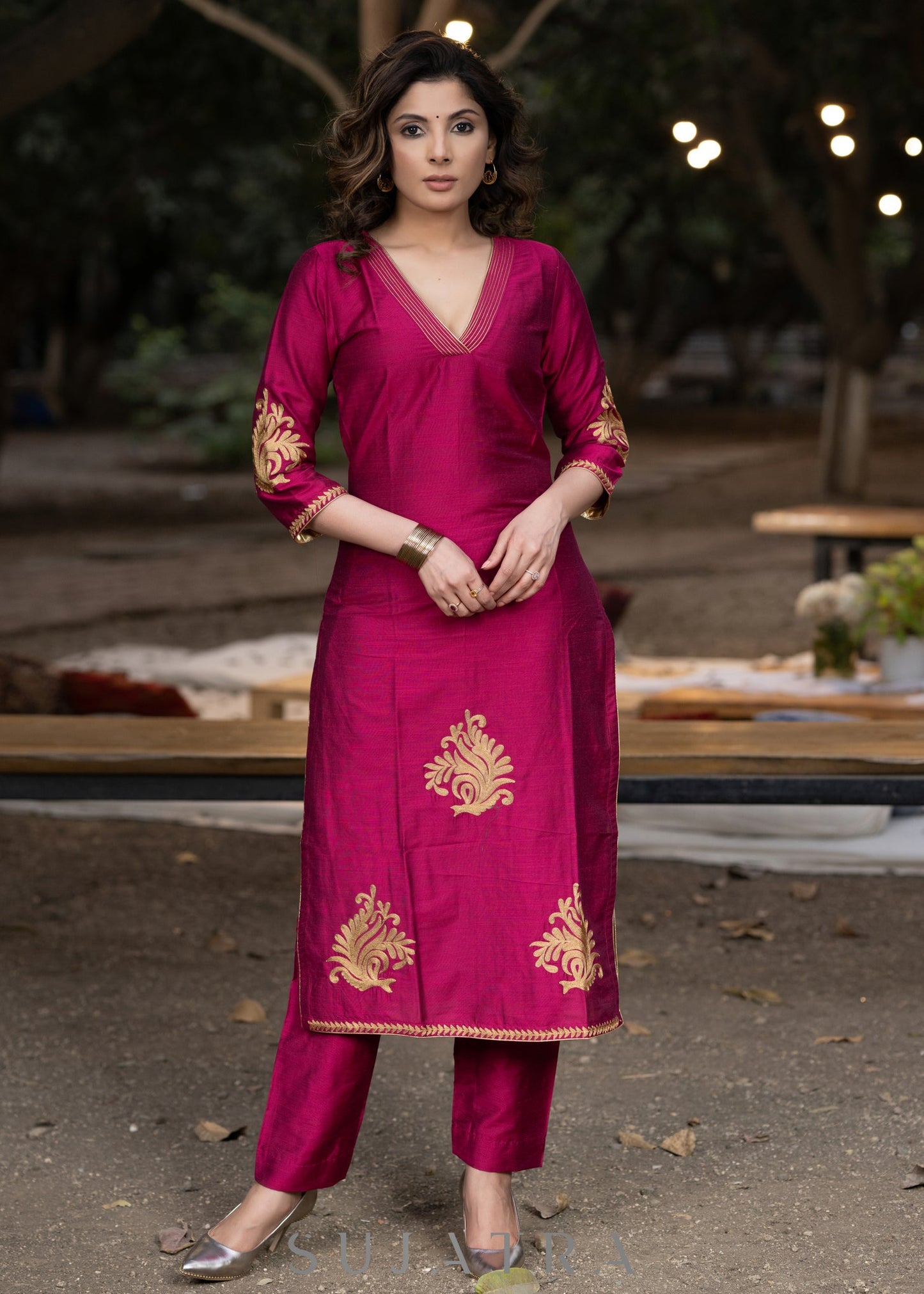 Embroidered magenta cotton silk kurta with pant-Embroidered dupatta optional