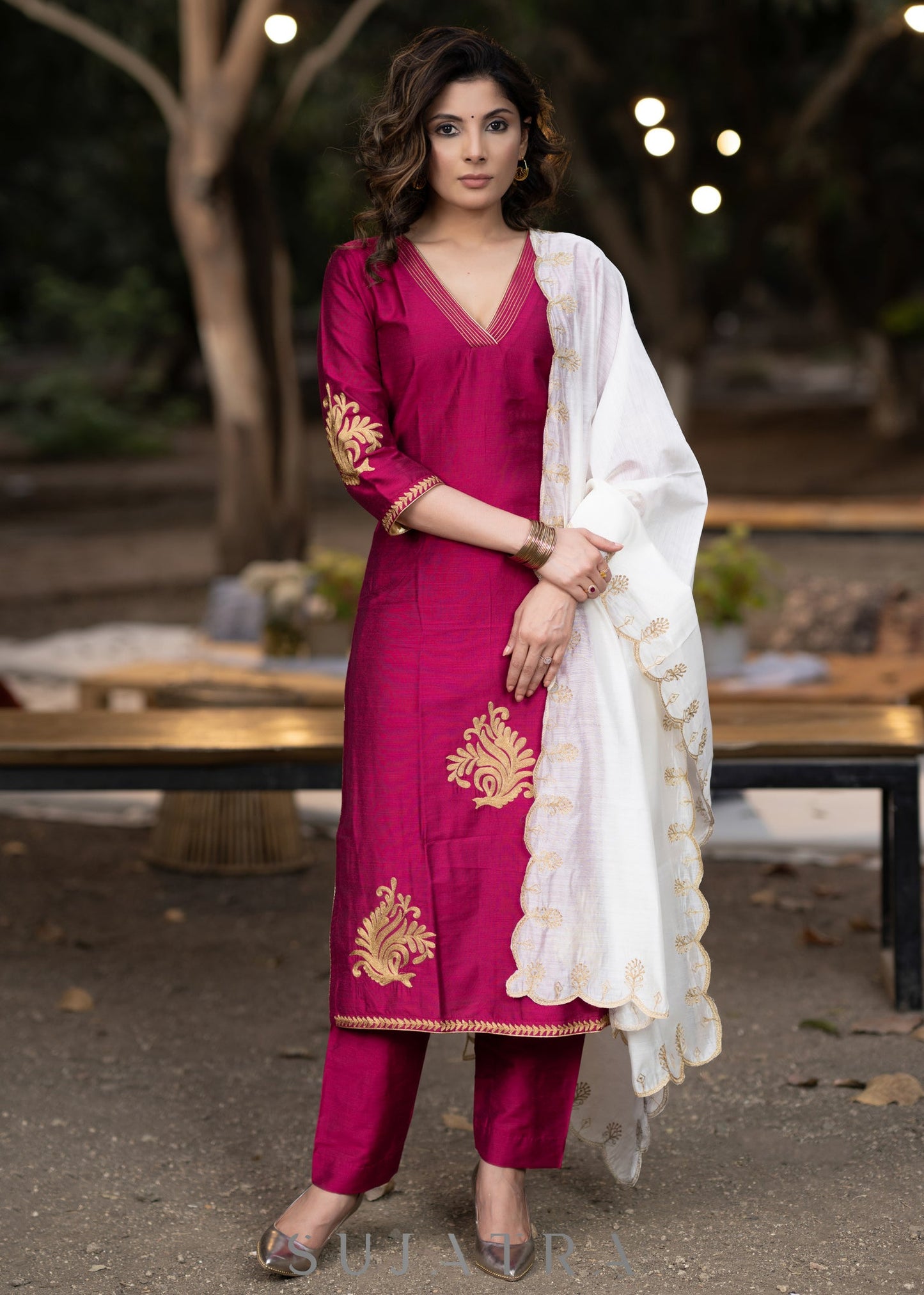 Embroidered magenta cotton silk kurta with pant-Embroidered dupatta optional
