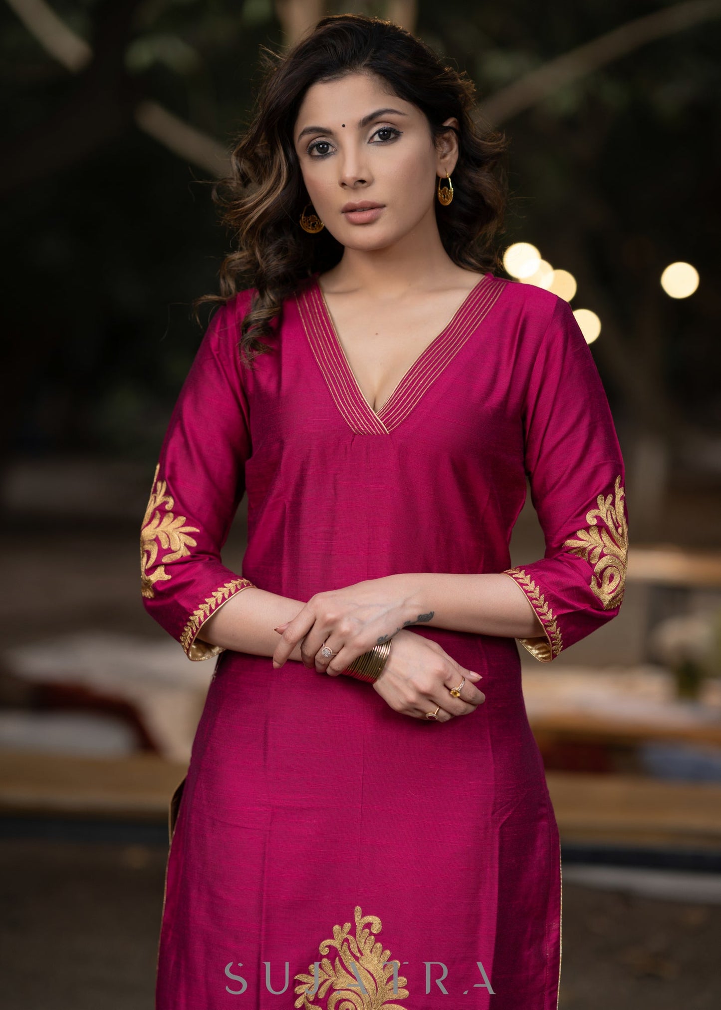 Embroidered magenta cotton silk kurta with pant-Embroidered dupatta optional