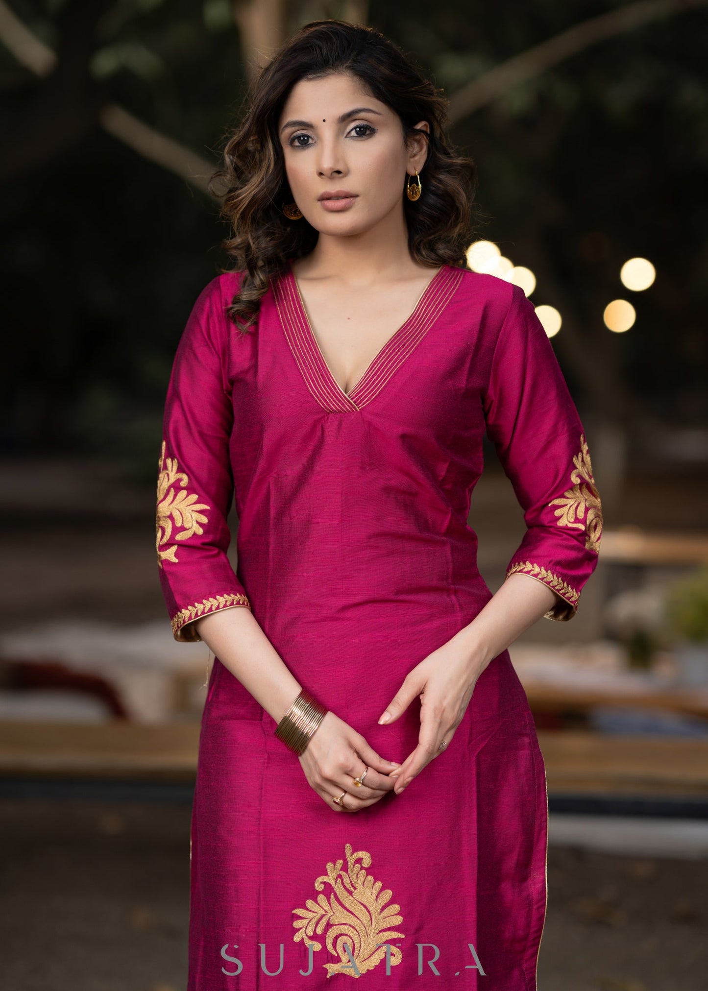 Embroidered magenta cotton silk kurta with pant-Embroidered dupatta optional