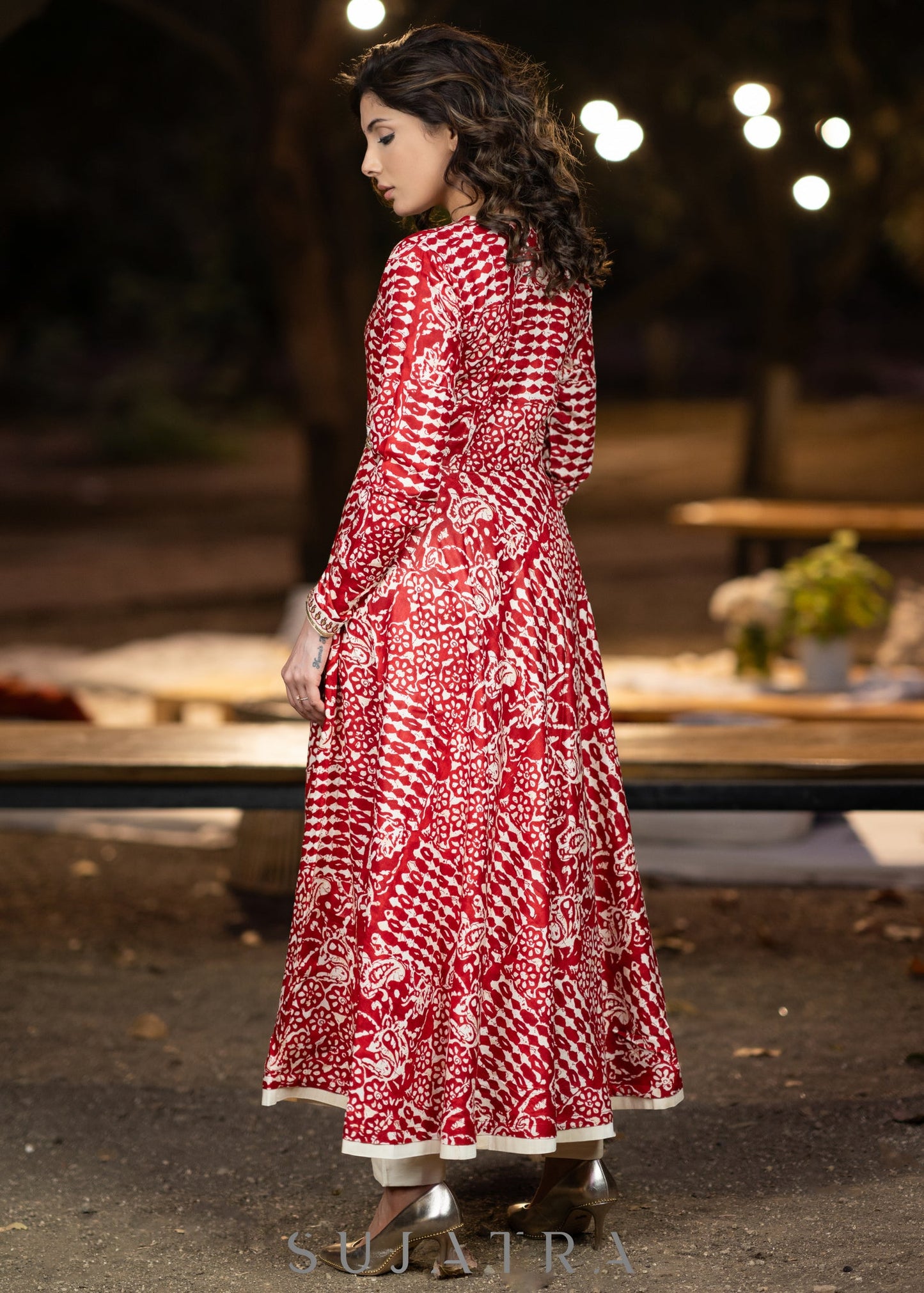 Hand embroidered red rayon printed flared kurta with pant - Dupatta Optional