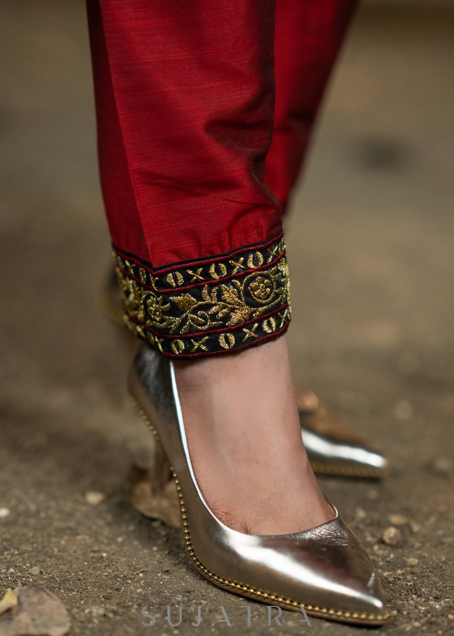 Beautifully embroiderd golden jacket with maroon cotton silk inner - Embroidered Pant Optional