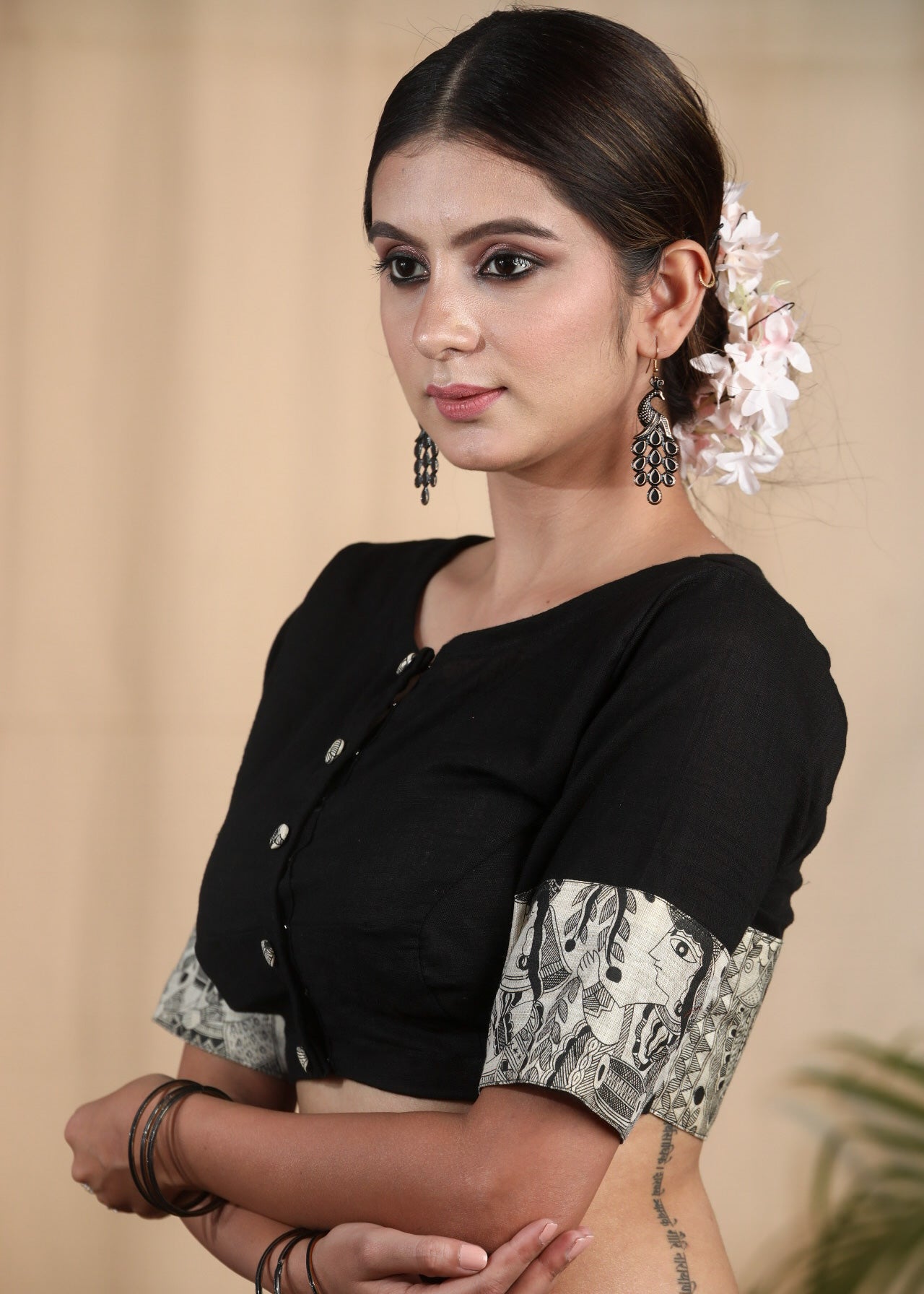 Elegant Black Cotton Slub Blouse with Madhubani Print on Neck and Sleeves