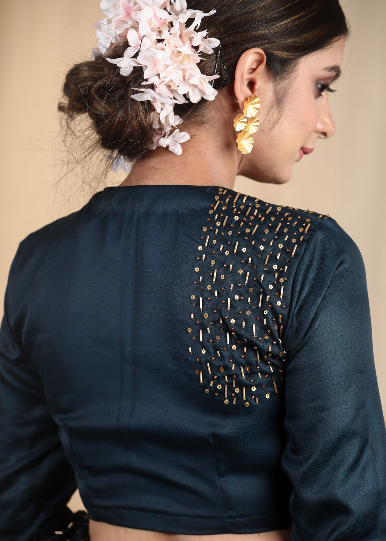 Partywear Teal Blue Cotton Silk Blouse with Beautiful Hand Zardosi Work on Shoulder and Sleeves