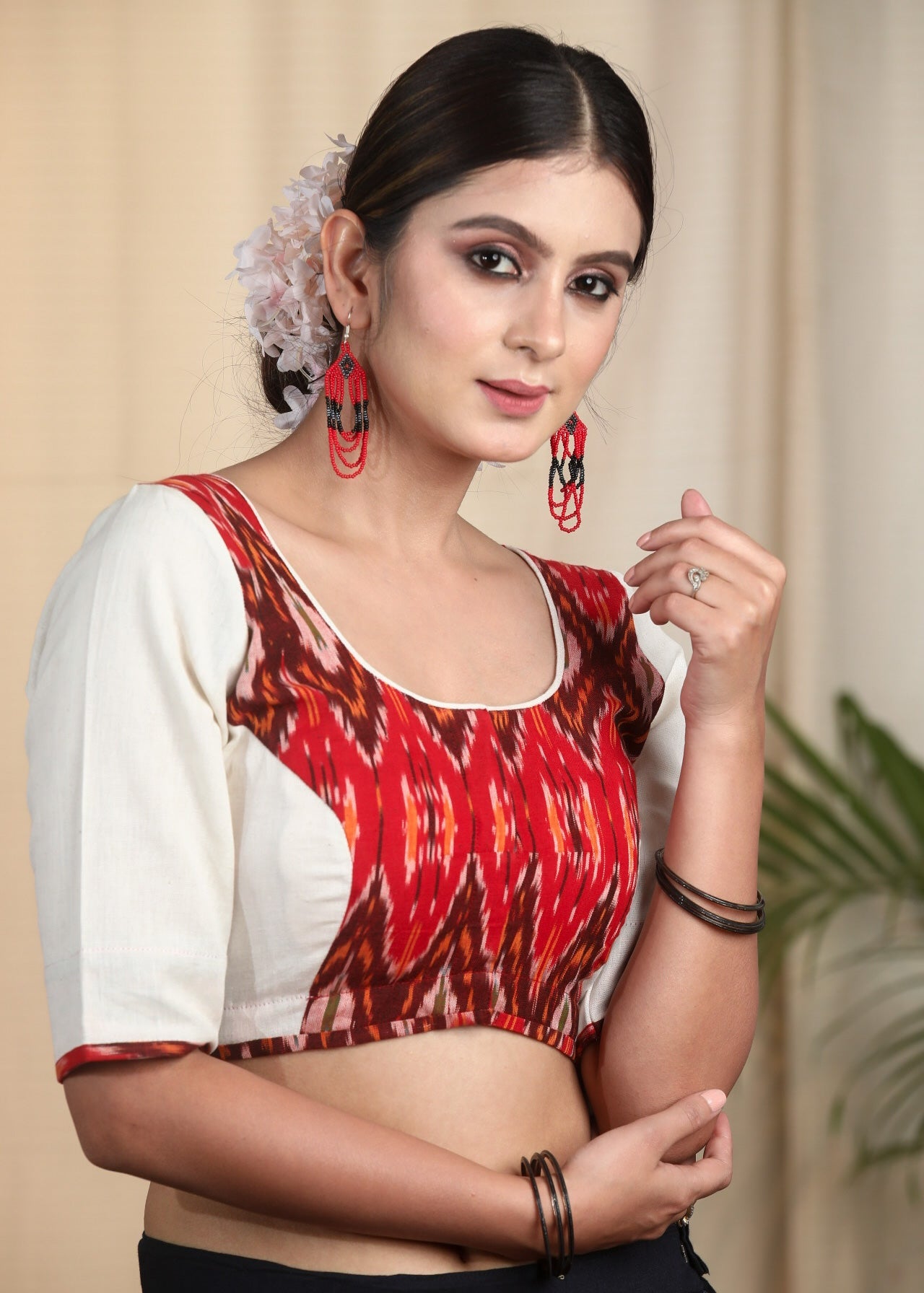 Elegant Ikat and Offwhite Contrast Cotton Blouse