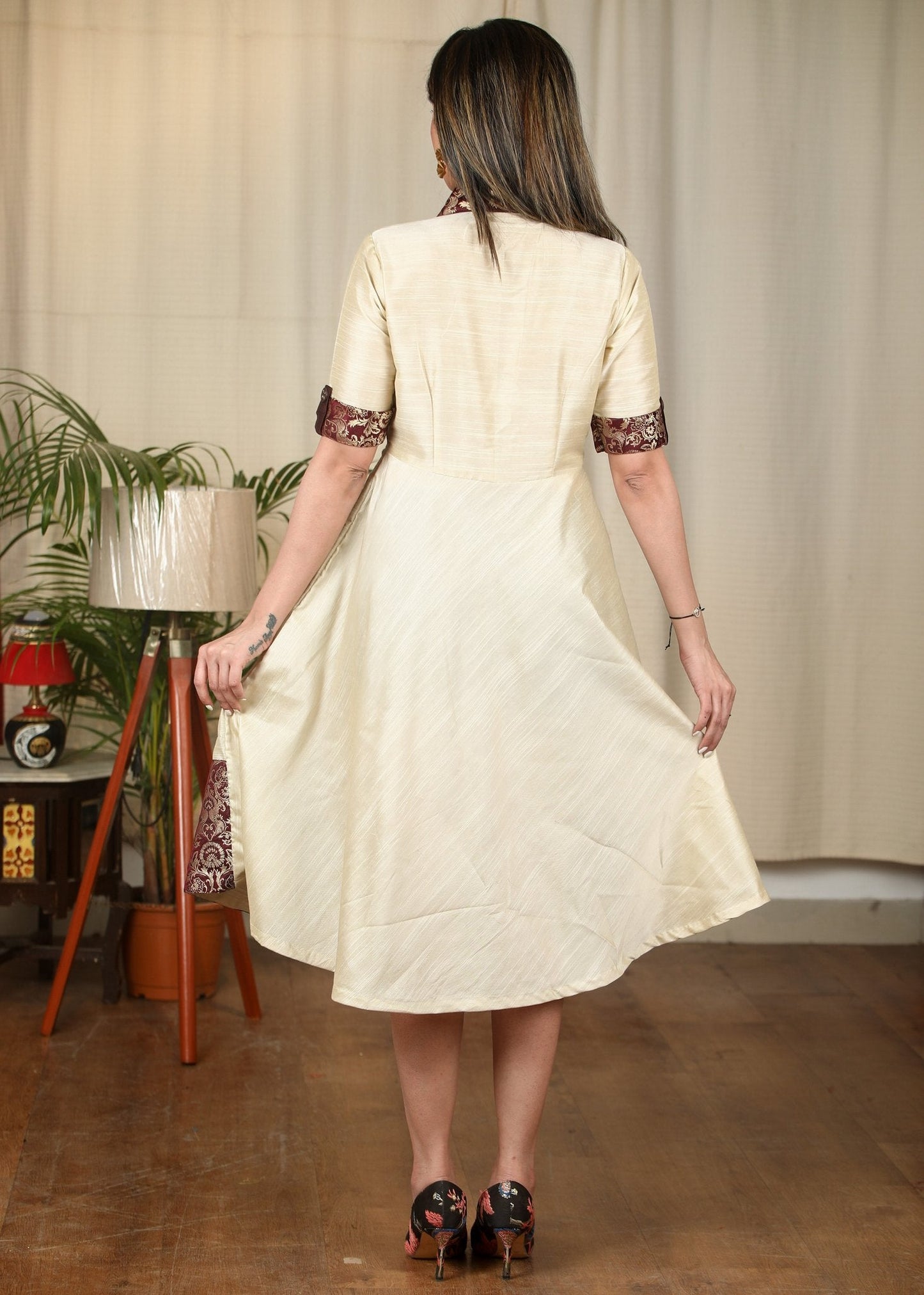 Cream cotton silk one piece dress with benarasi combination