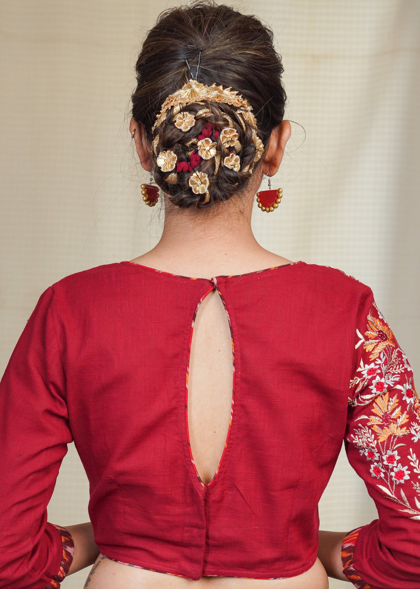 Maroon Cotton Blouse With Heavy Embroidered Sleeves with Ikat piping