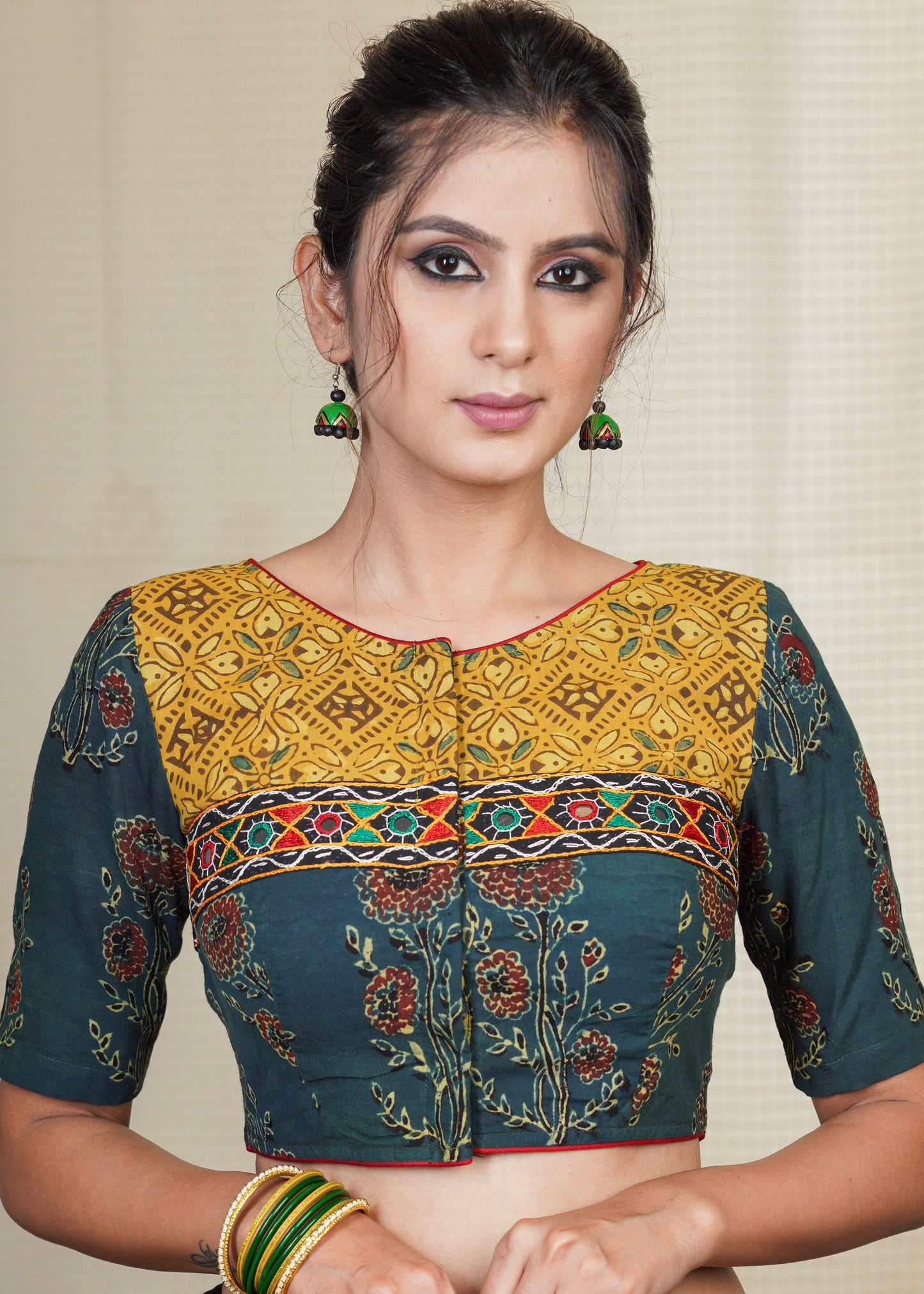 Green and Yellow Cotton Ajrakh blouse With Hand Made Kutch mirror work