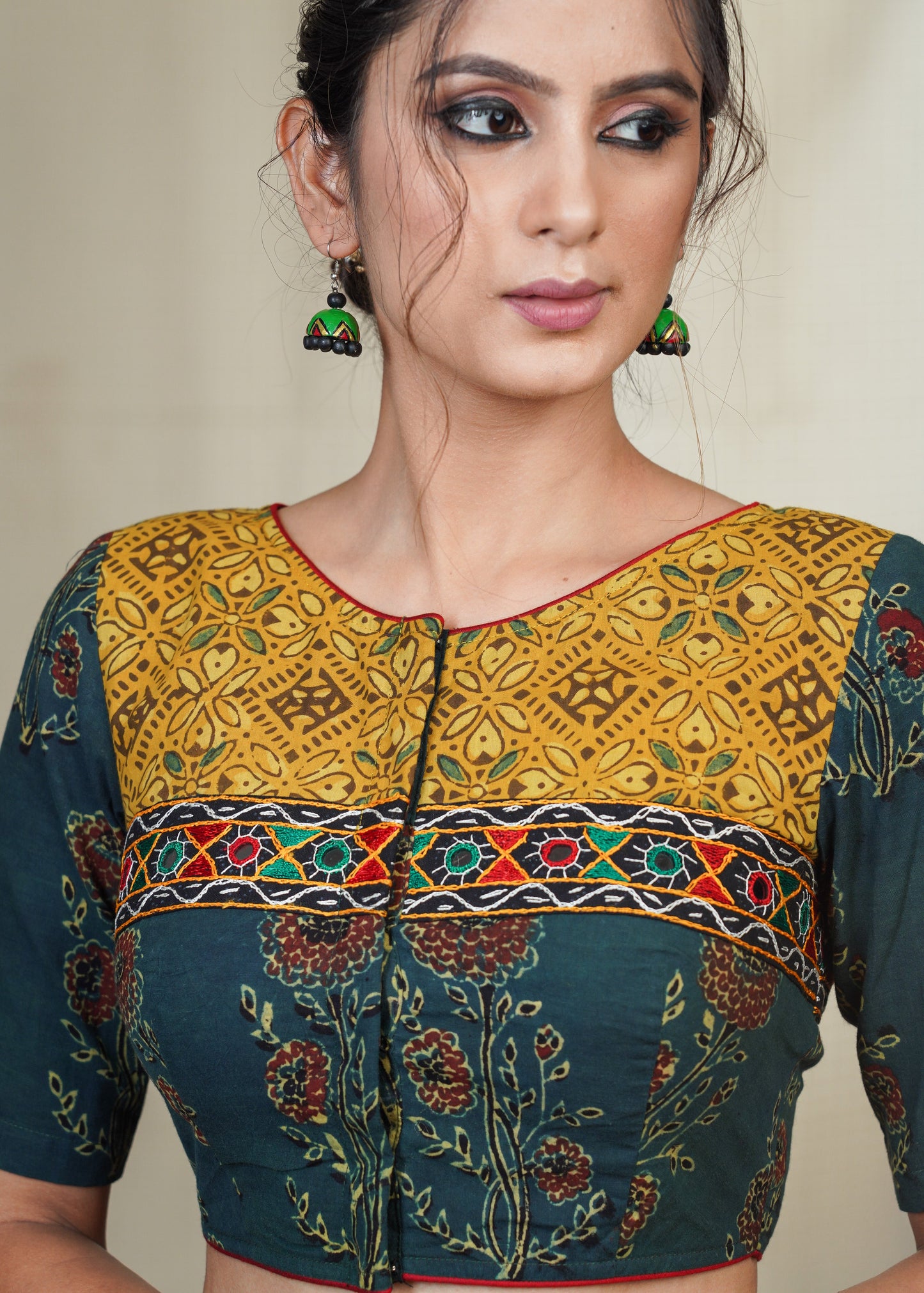 Green and Yellow Cotton Ajrakh blouse With Hand Made Kutch mirror work