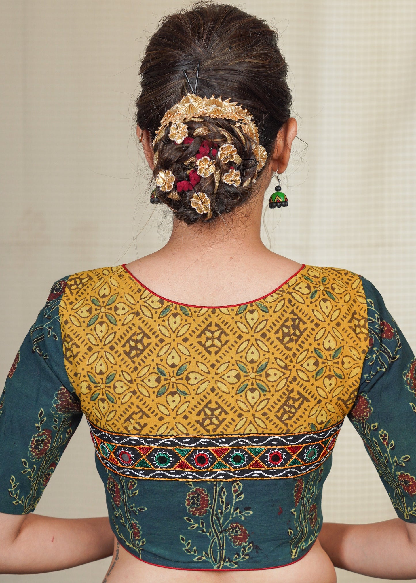 Green and Yellow Cotton Ajrakh blouse With Hand Made Kutch mirror work
