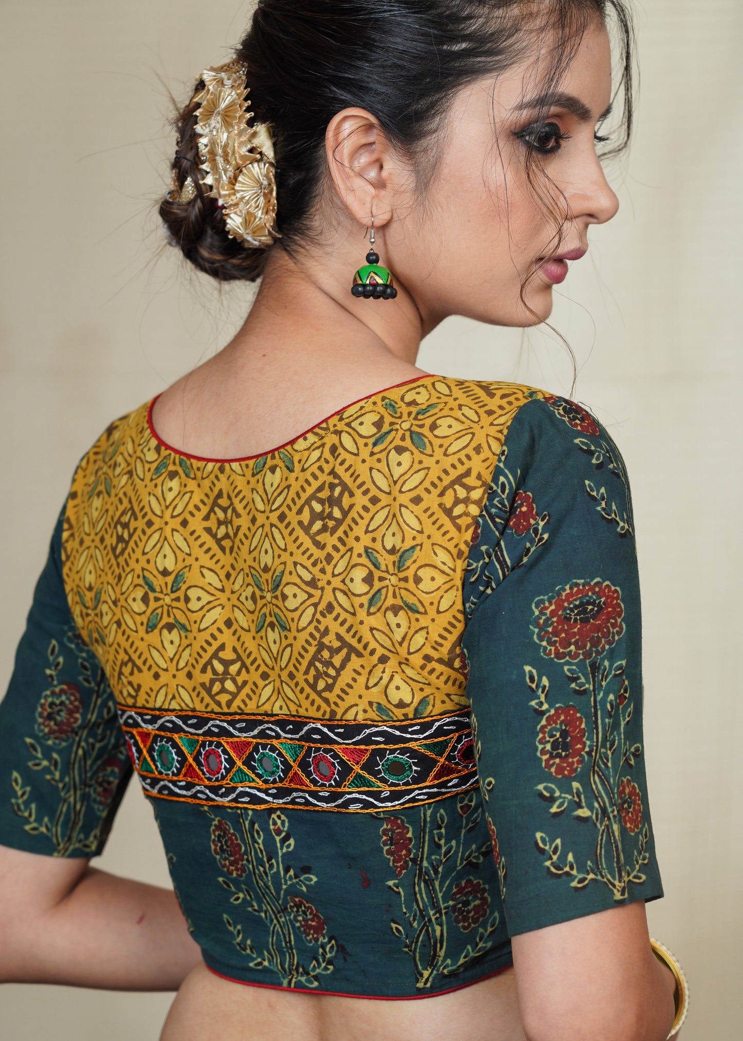 Green and Yellow Cotton Ajrakh blouse With Hand Made Kutch mirror work