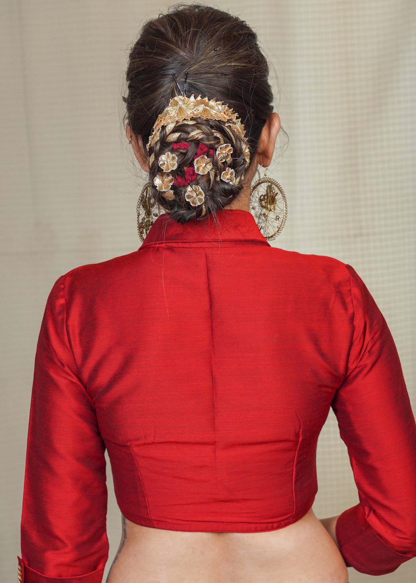 Maroon Cotton Silk Collared Blouse with exclusive Handwork on the Collar and sleeves