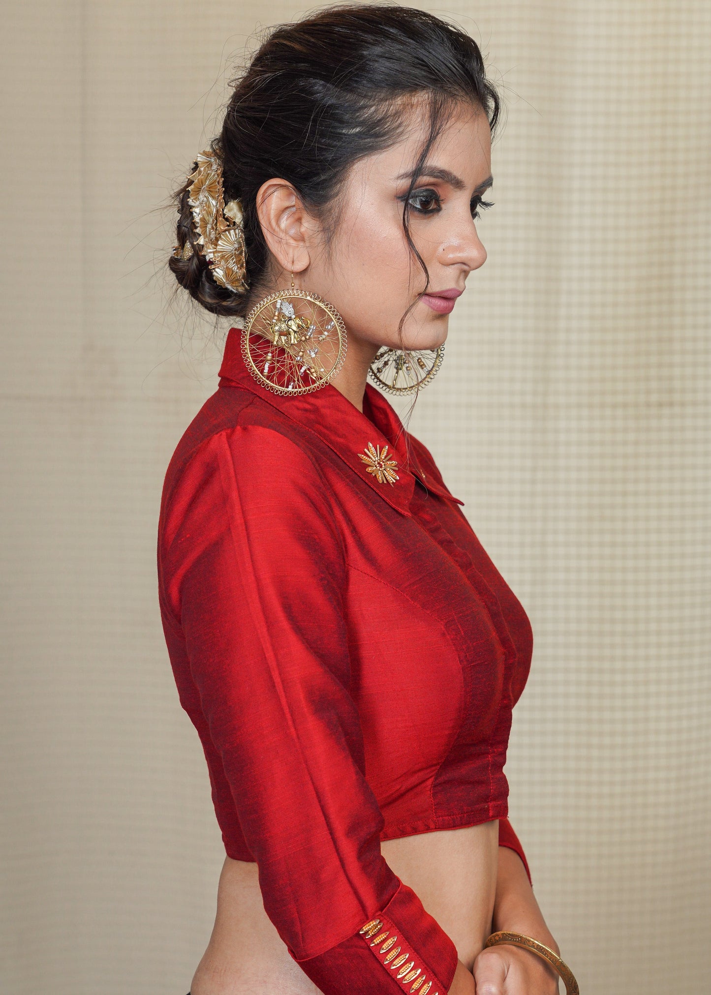 Maroon Cotton Silk Collared Blouse with exclusive Handwork on the Collar and sleeves