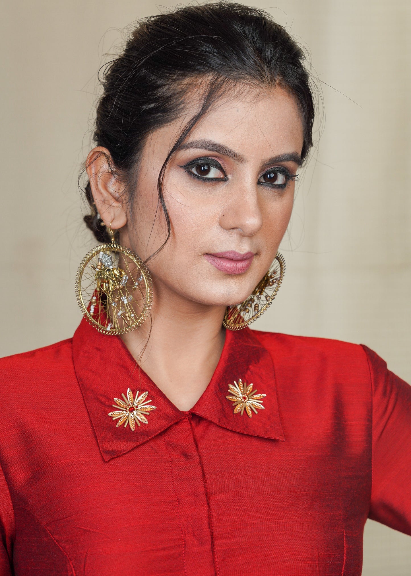 Maroon Cotton Silk Collared Blouse with exclusive Handwork on the Collar and sleeves