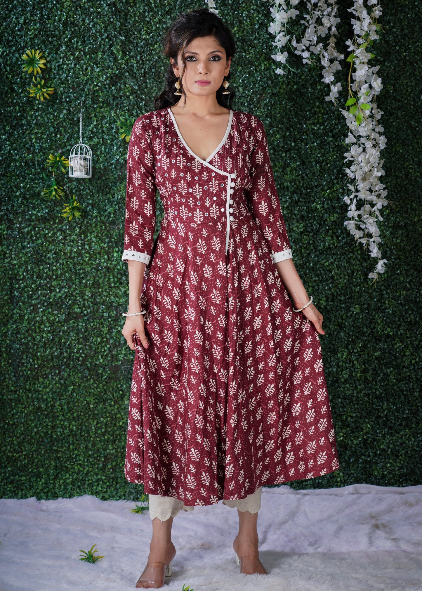 Exclusive Maroon Dabu Print Angarkha Style Kurta With Hand Embroidered Mirror work on the Yoke