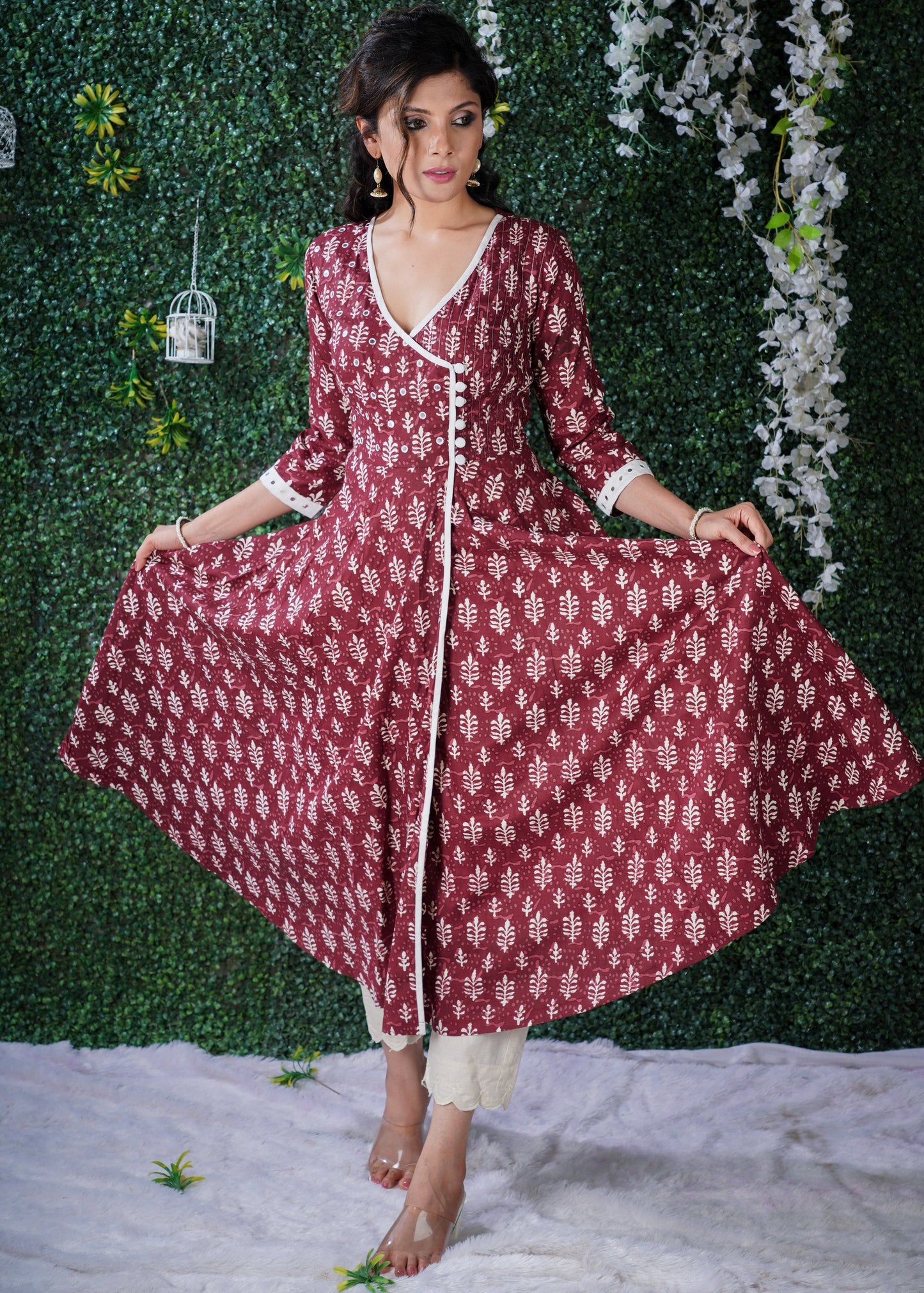 Exclusive Maroon Dabu Print Angarkha Style Kurta With Hand Embroidered Mirror work on the Yoke