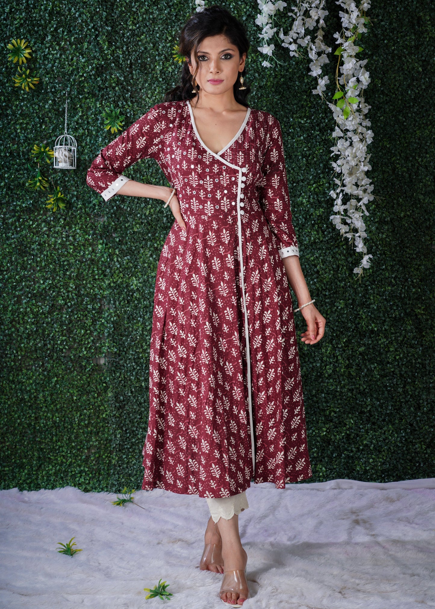 Exclusive Maroon Dabu Print Angarkha Style Kurta With Hand Embroidered Mirror work on the Yoke