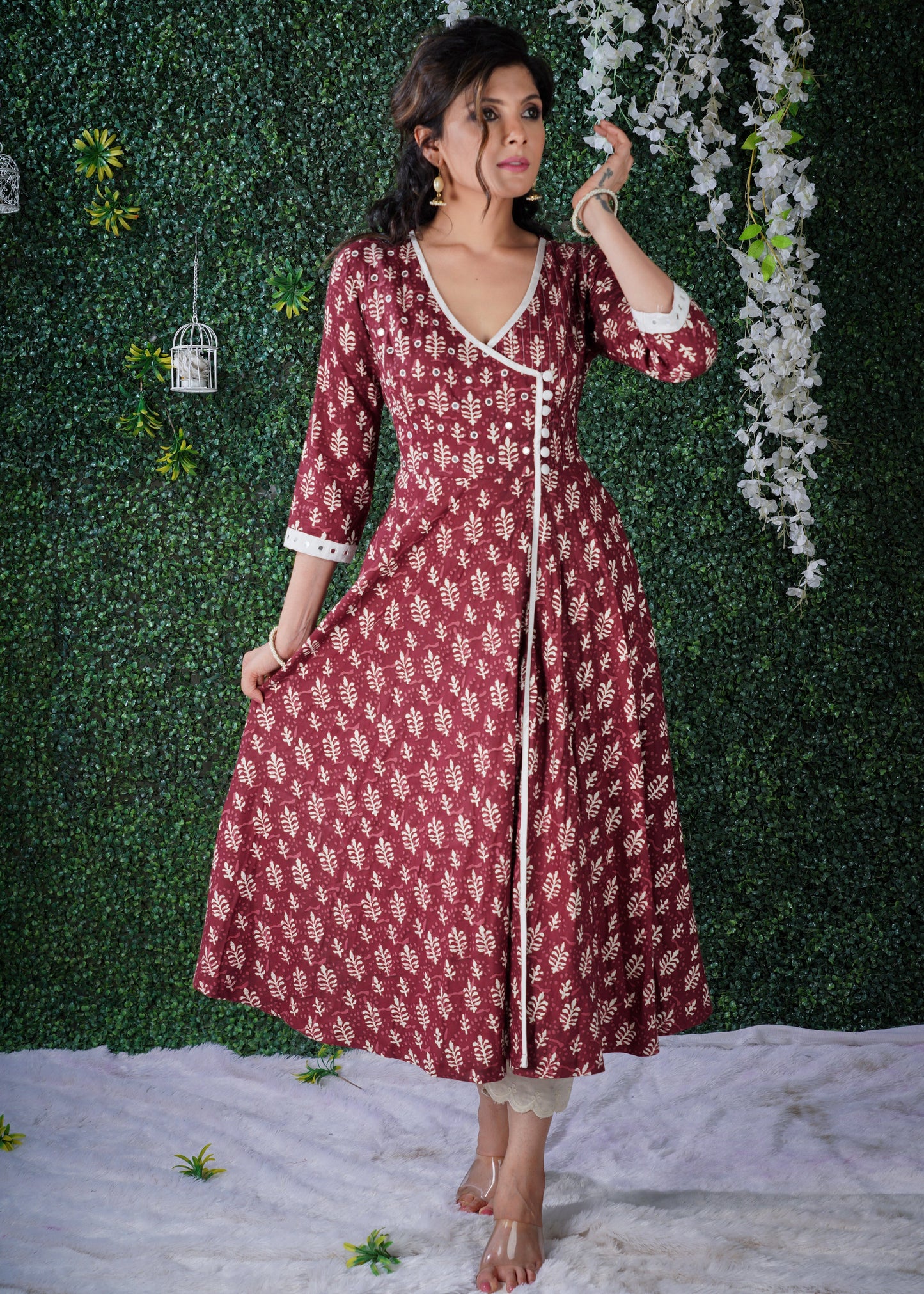 Exclusive Maroon Dabu Print Angarkha Style Kurta With Hand Embroidered Mirror work on the Yoke