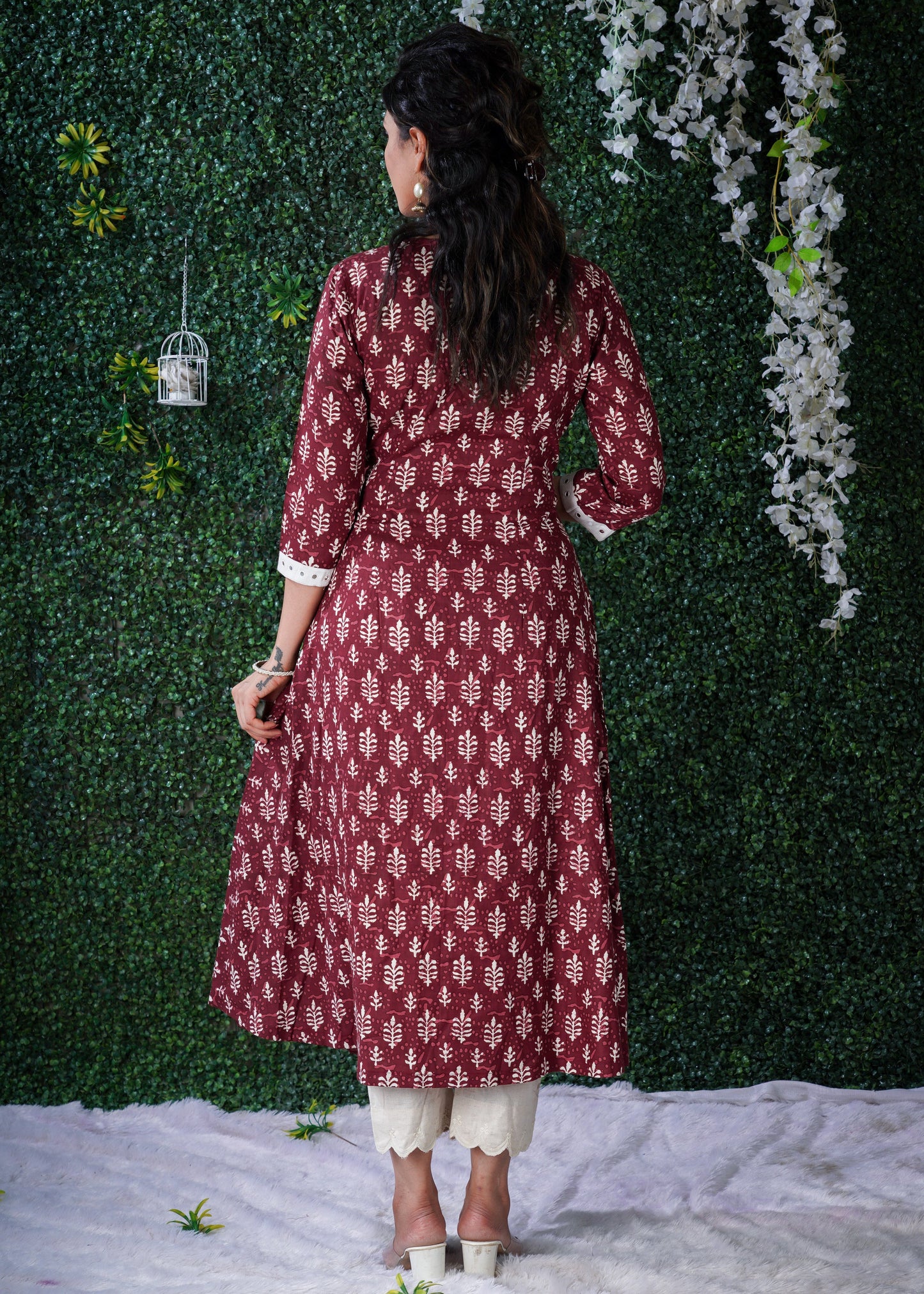 Exclusive Maroon Dabu Print Angarkha Style Kurta With Hand Embroidered Mirror work on the Yoke