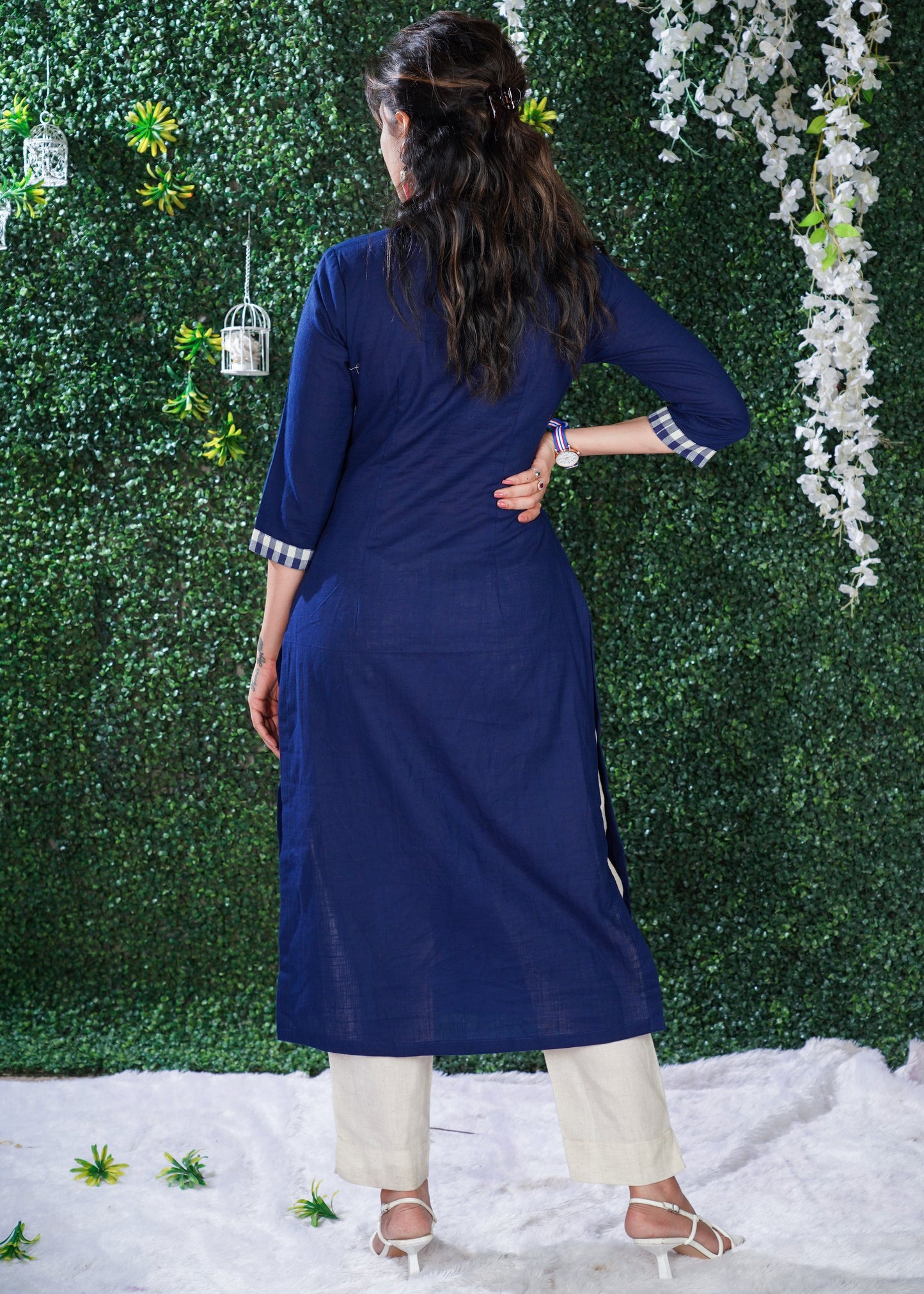 Navy Blue cotton kurta with Checks Yoke & Embroidery