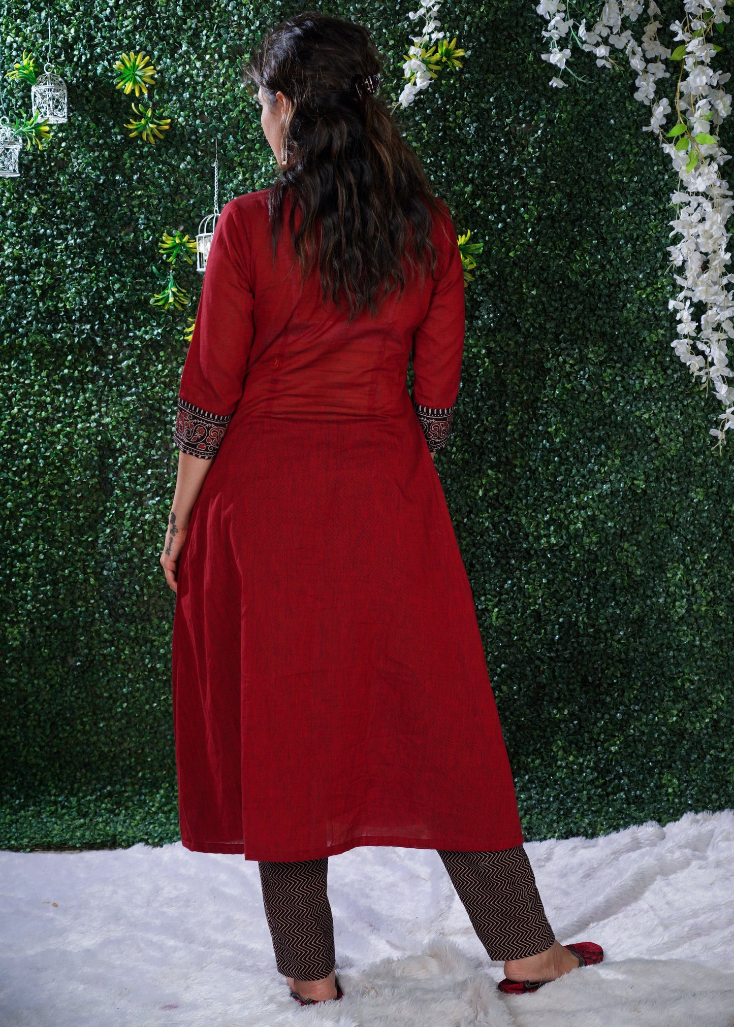 Simple Elegant Maroon Cotton kurta with Ajrakh Border